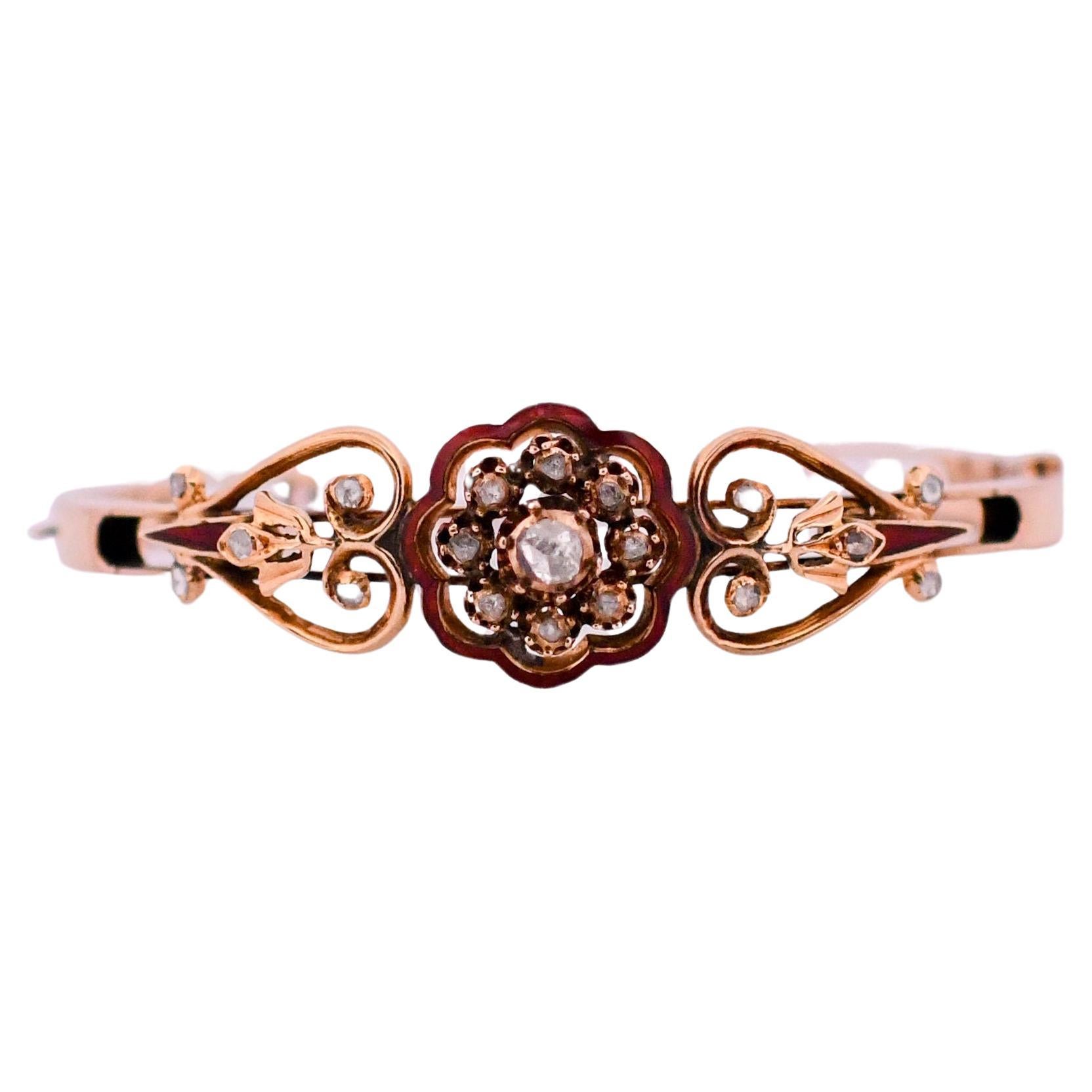 Circa 1800's 14K Rose Gold Diamond and Enamel Bracelet - B-623OXP-N For Sale