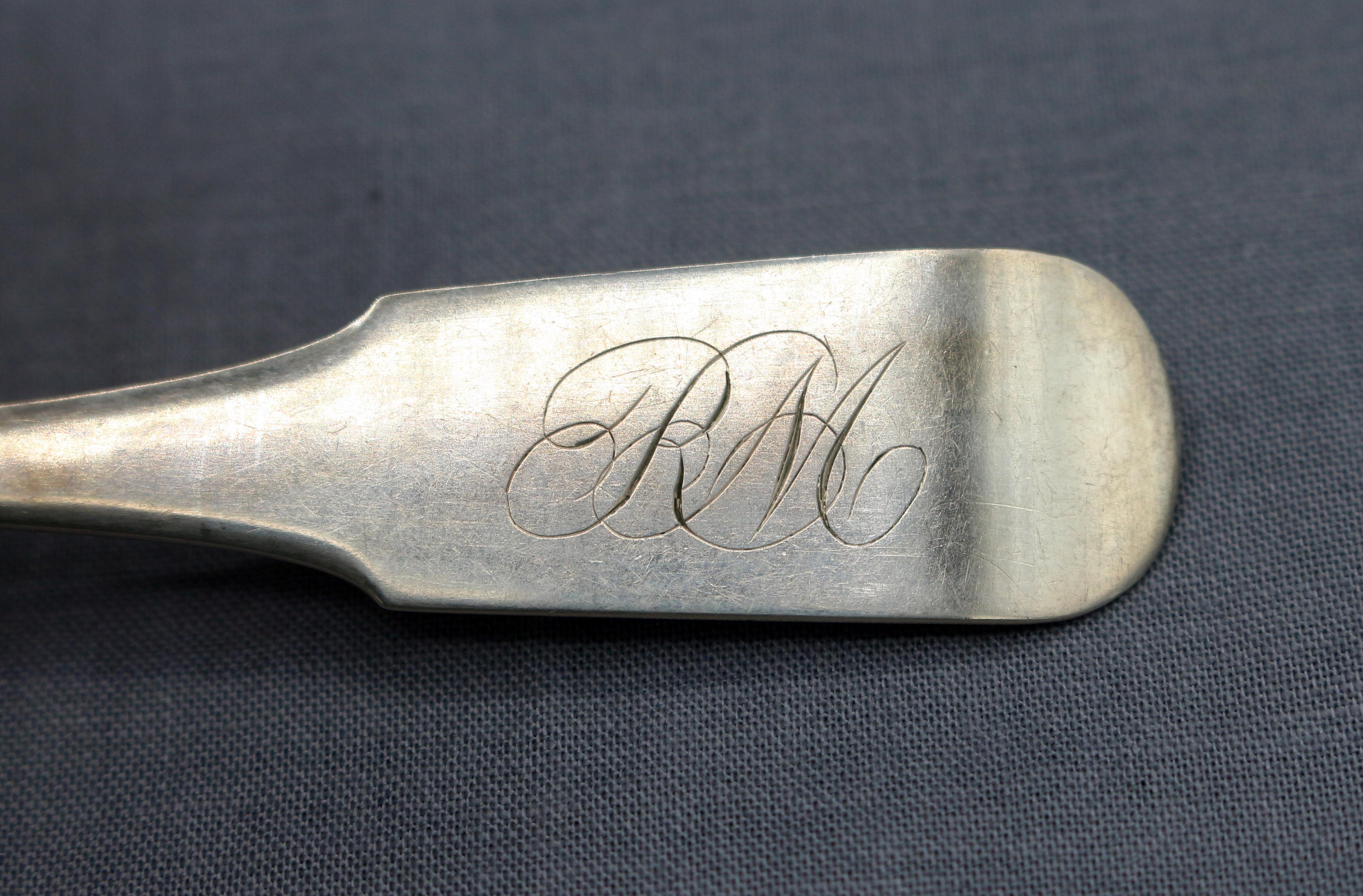 Set di 6 cucchiaini d'argento con moneta americana di I.L.A., circa 1805. Hanks In condizioni buone in vendita a Chapel Hill, NC