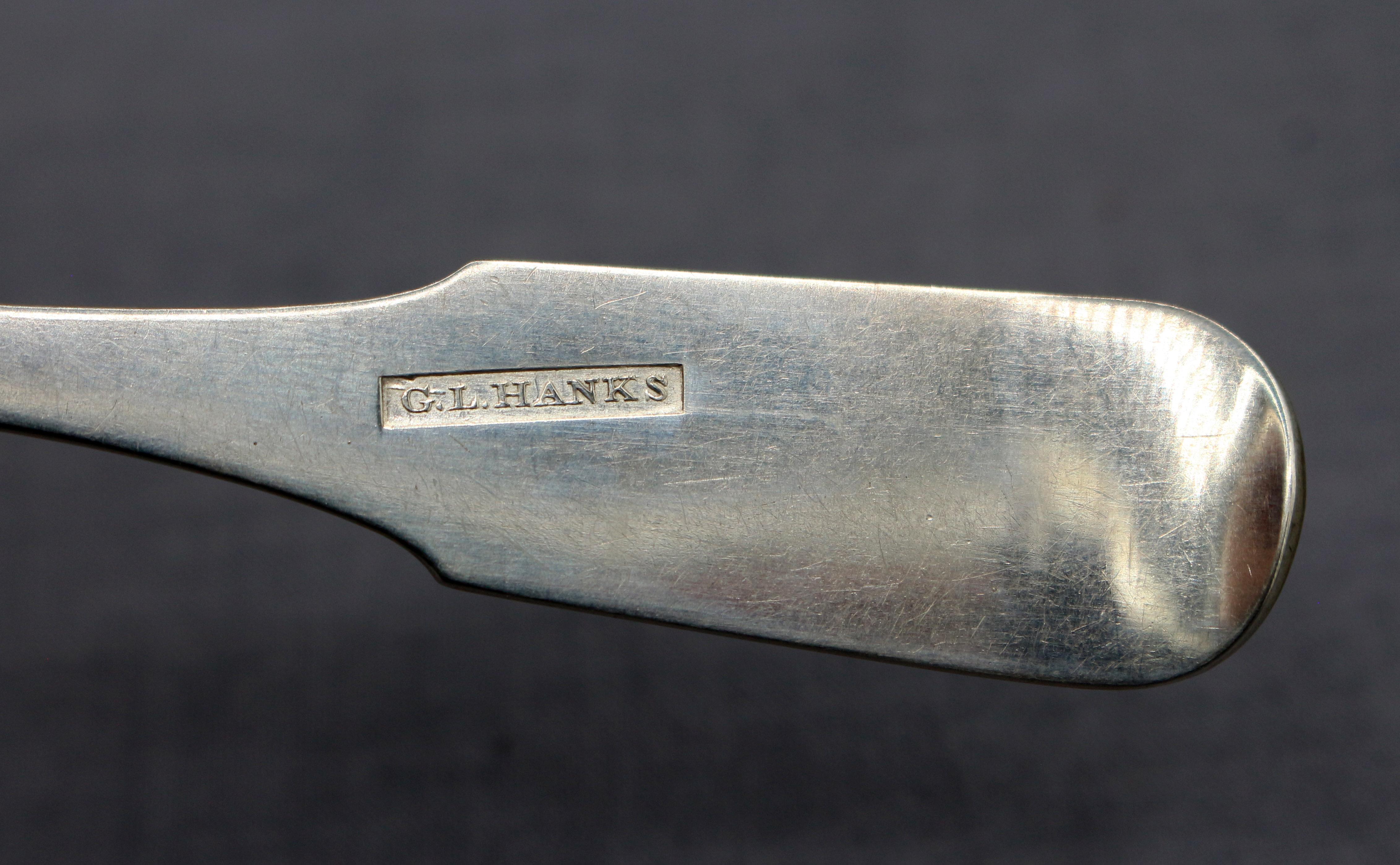 Inizio XIX secolo Set di 6 cucchiaini d'argento con moneta americana di I.L.A., circa 1805. Hanks in vendita