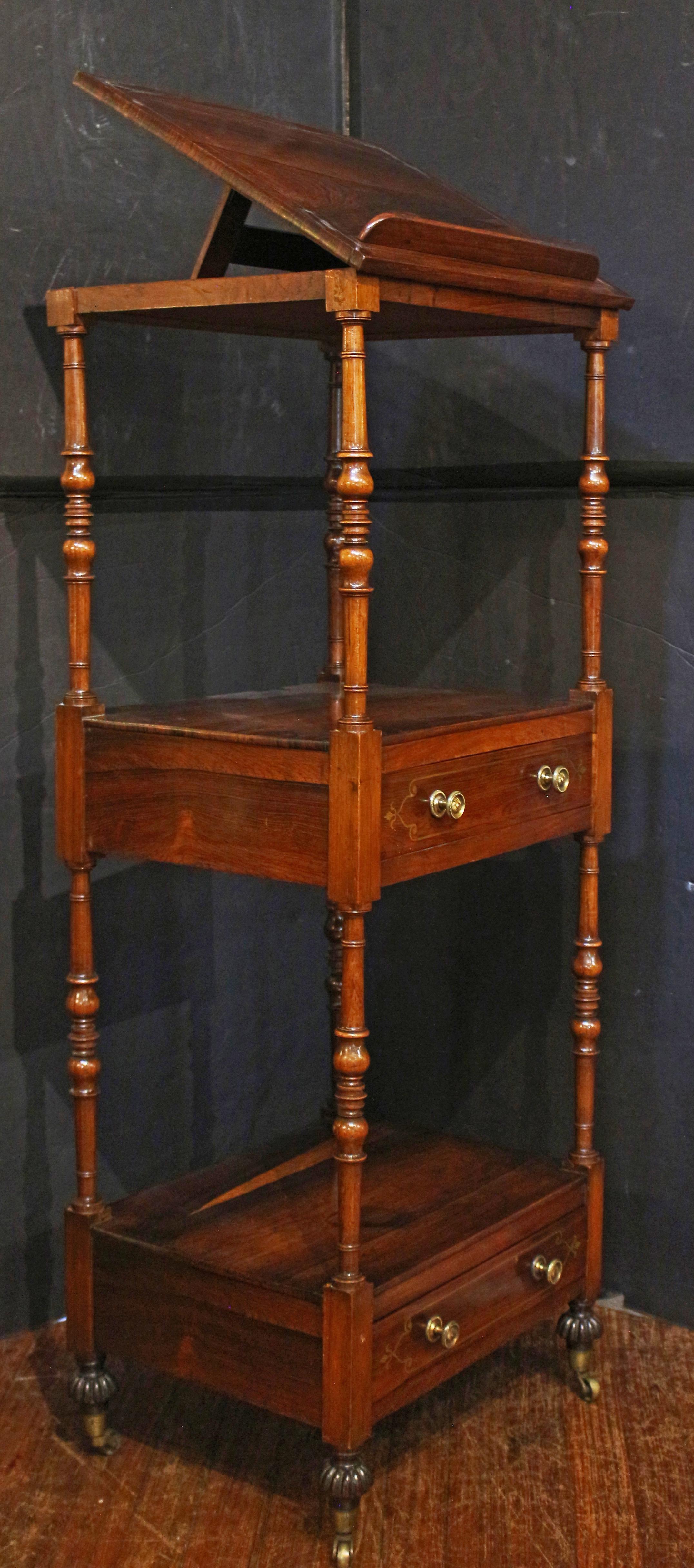 Circa 1810 Regency period 3-tier What-not Stand with Reading Shelf, English. A very good example of the etagere or what-not form with adjustable, rising top tier for reading with rail & the middle & lower tiers with drawers for storage. Rosewood