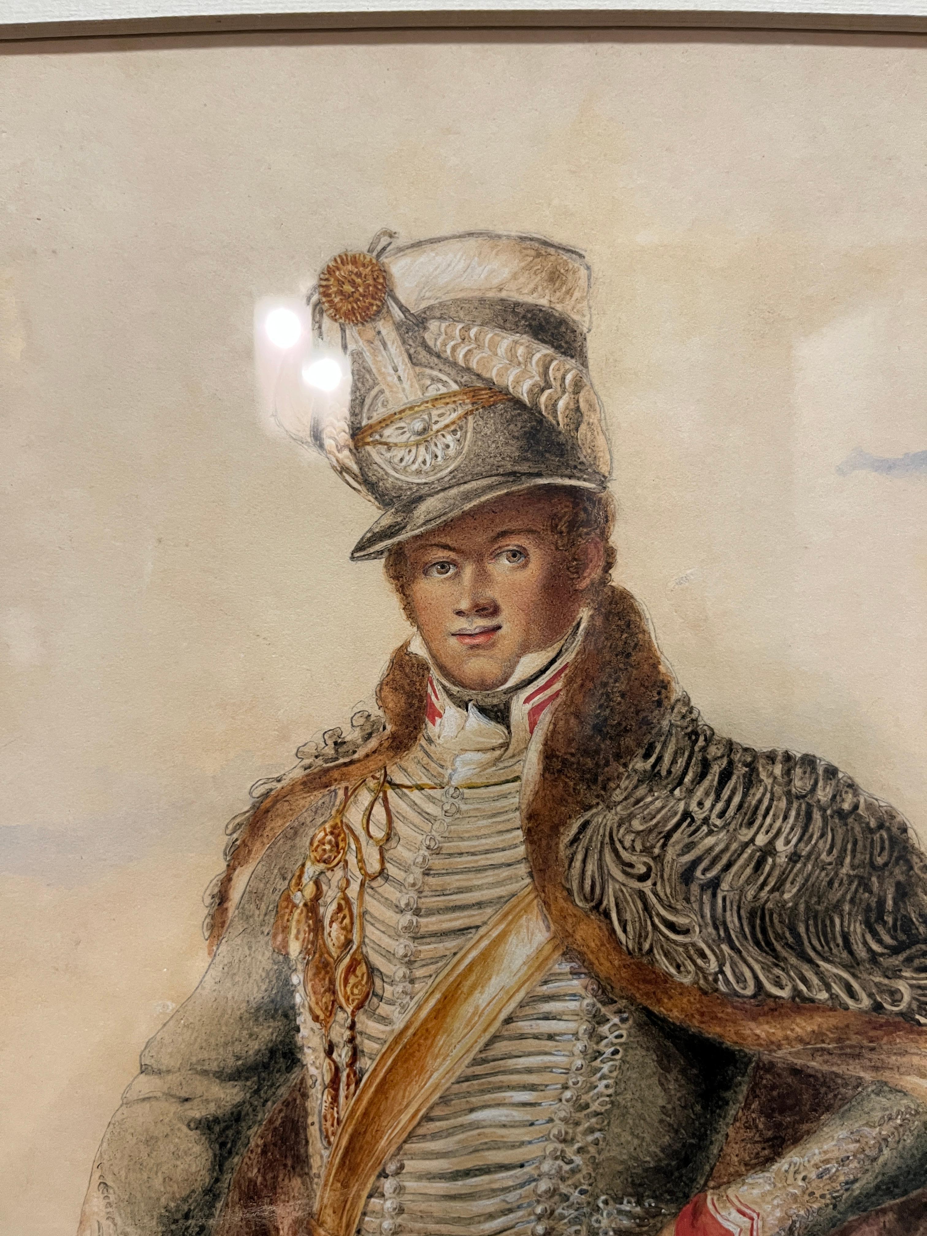 Georgien Circa 1810 Georgian English Hussan Officer in Full Military Attire (Officier hussard anglais en tenue militaire complète) en vente