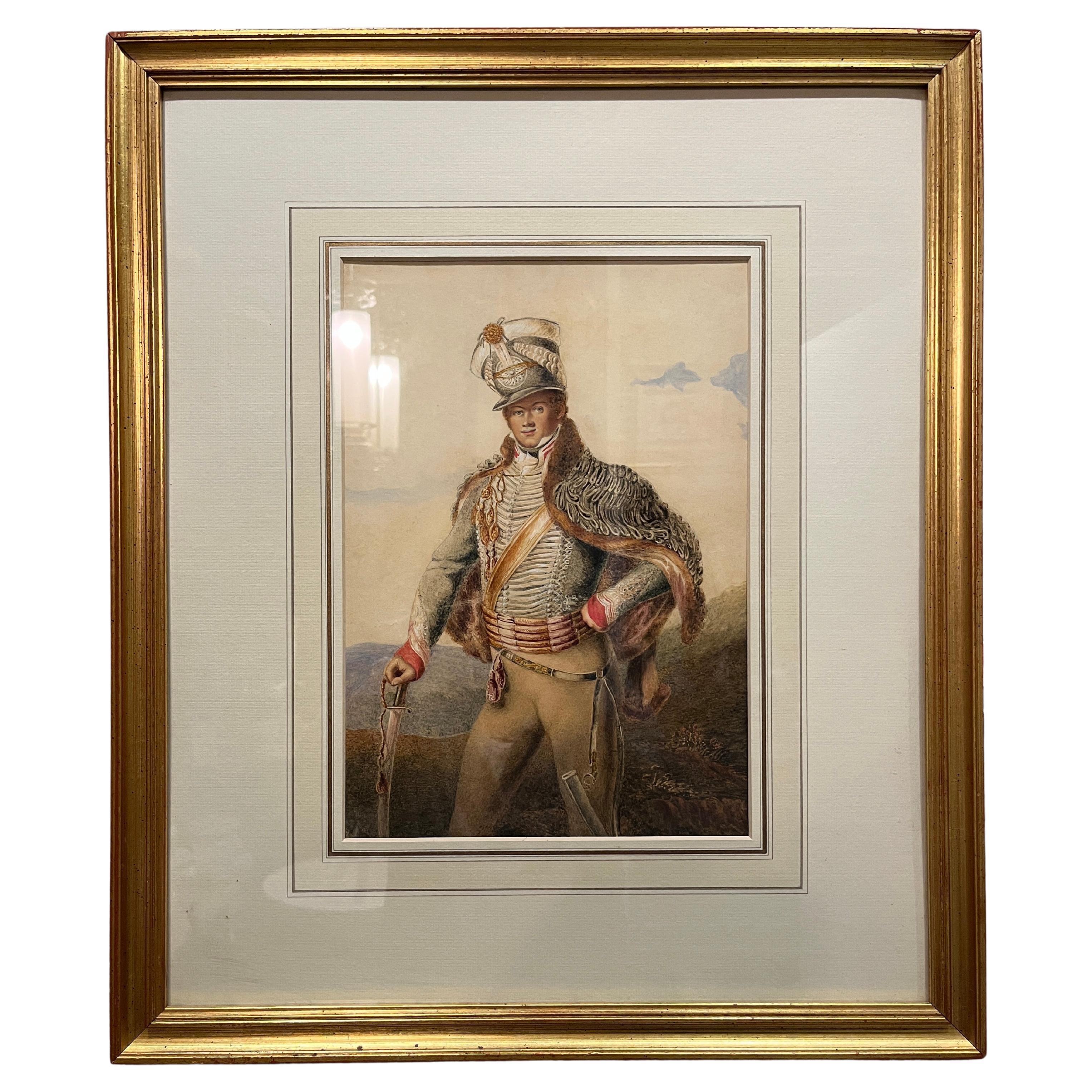 Circa 1810 Georgian English Hussan Officer in Full Military Attire (Officier hussard anglais en tenue militaire complète) en vente
