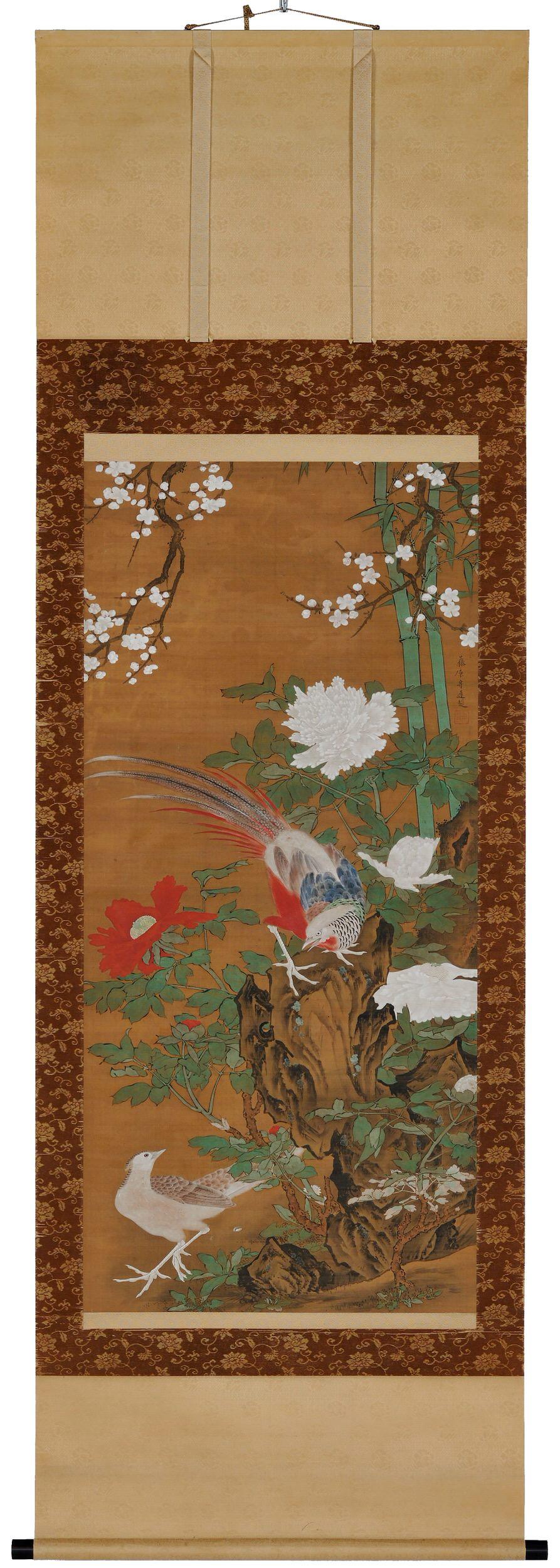 ‘Golden Pheasants under Spring Blossoms’

Kano Tanshin Morimichi 1785-1835 

Edo period, circa 1815

Hanging scroll. Ink, go fun and mineral pigments on silk.

An early 19th century Japanese scroll painting depicting a pair of Chinese