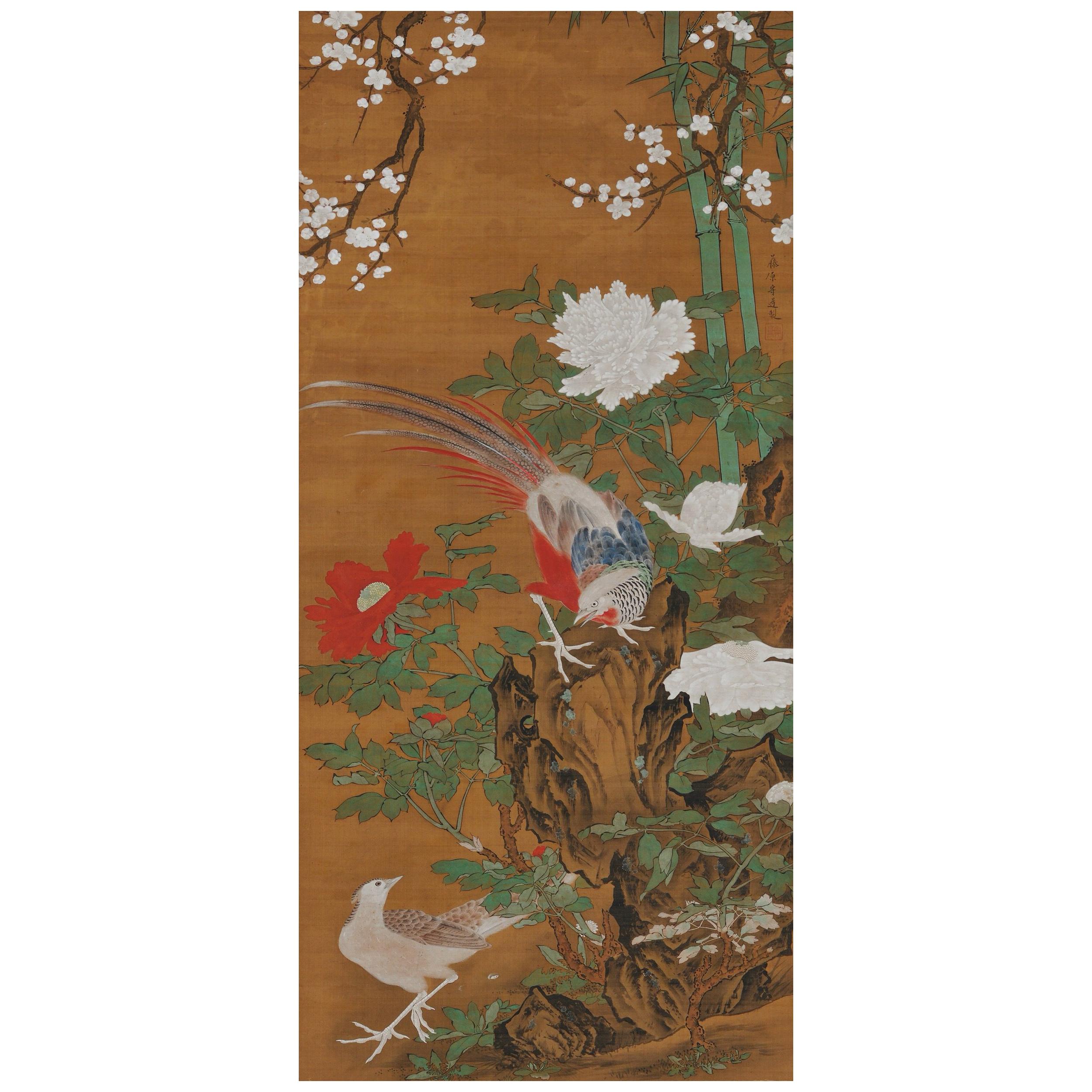 Japanese Flower and Bird Scroll Painting by Kano Tanshin Morimichi, circa 1815