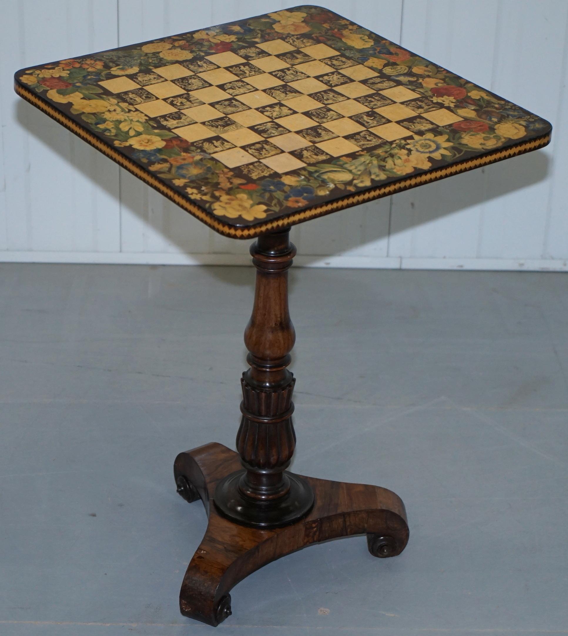 We are delighted to offer for sale this stunning original George IV rosewood Chinoiserie circa 1820 Games tilt top table

This piece is a masterclass of craftsmanship, each white chess square is penwork carved depicting a Chinese scene, some have