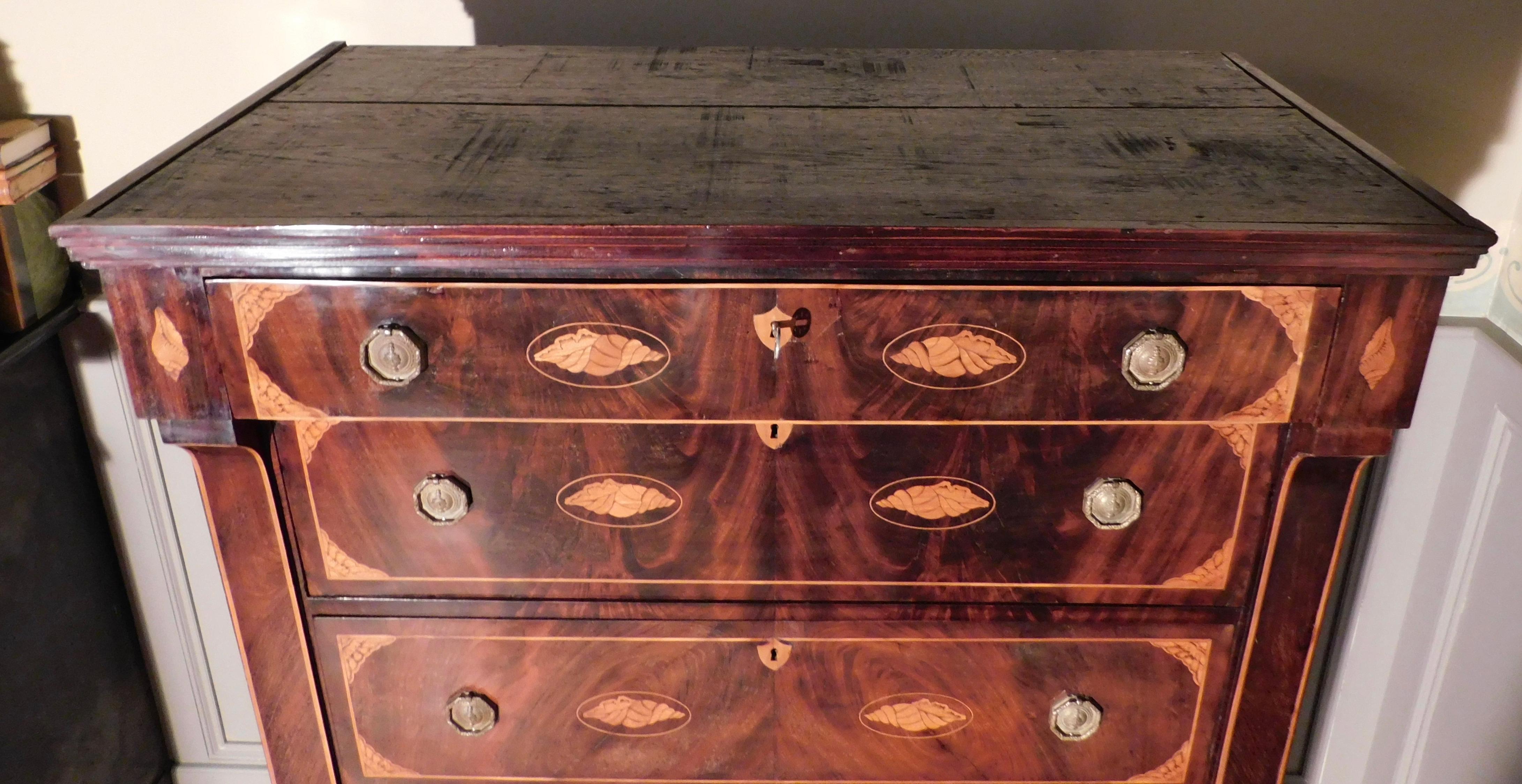 Dutch High Boy Chest of Drawers with Marquetry Inlaid Shell Designs, circa 1820 For Sale 8