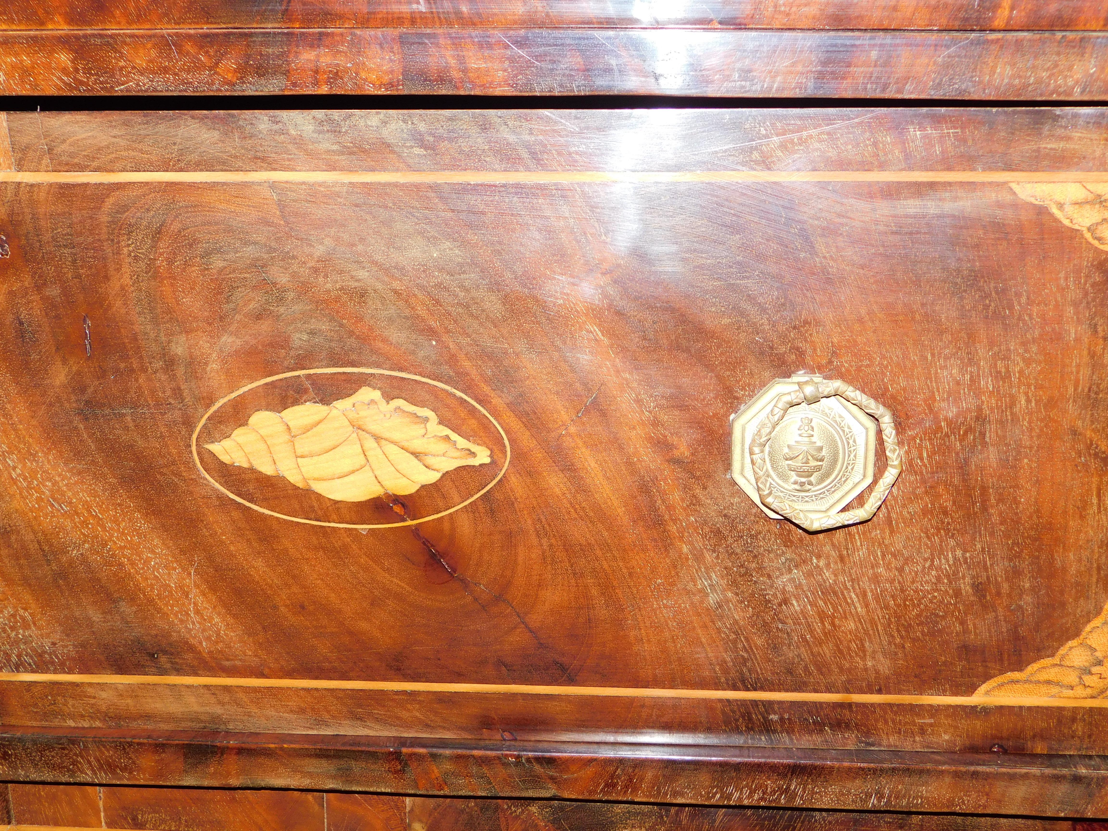 Empire Dutch High Boy Chest of Drawers with Marquetry Inlaid Shell Designs, circa 1820 For Sale
