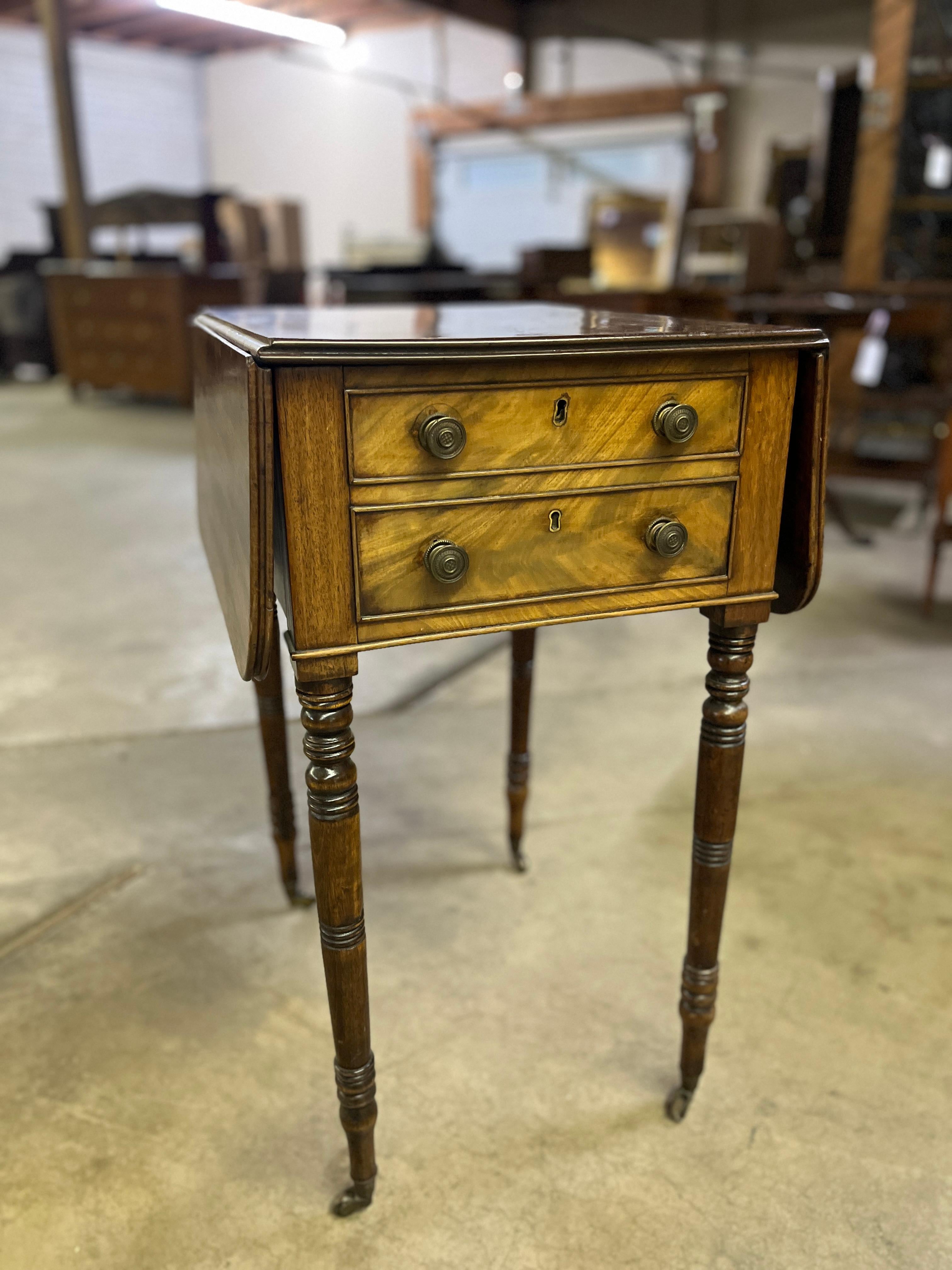 Circa 1820 English Mahogany Regency Table
Unique piece purchased in France. Age appropriate wear, see detailed photos or message us with questions. 
