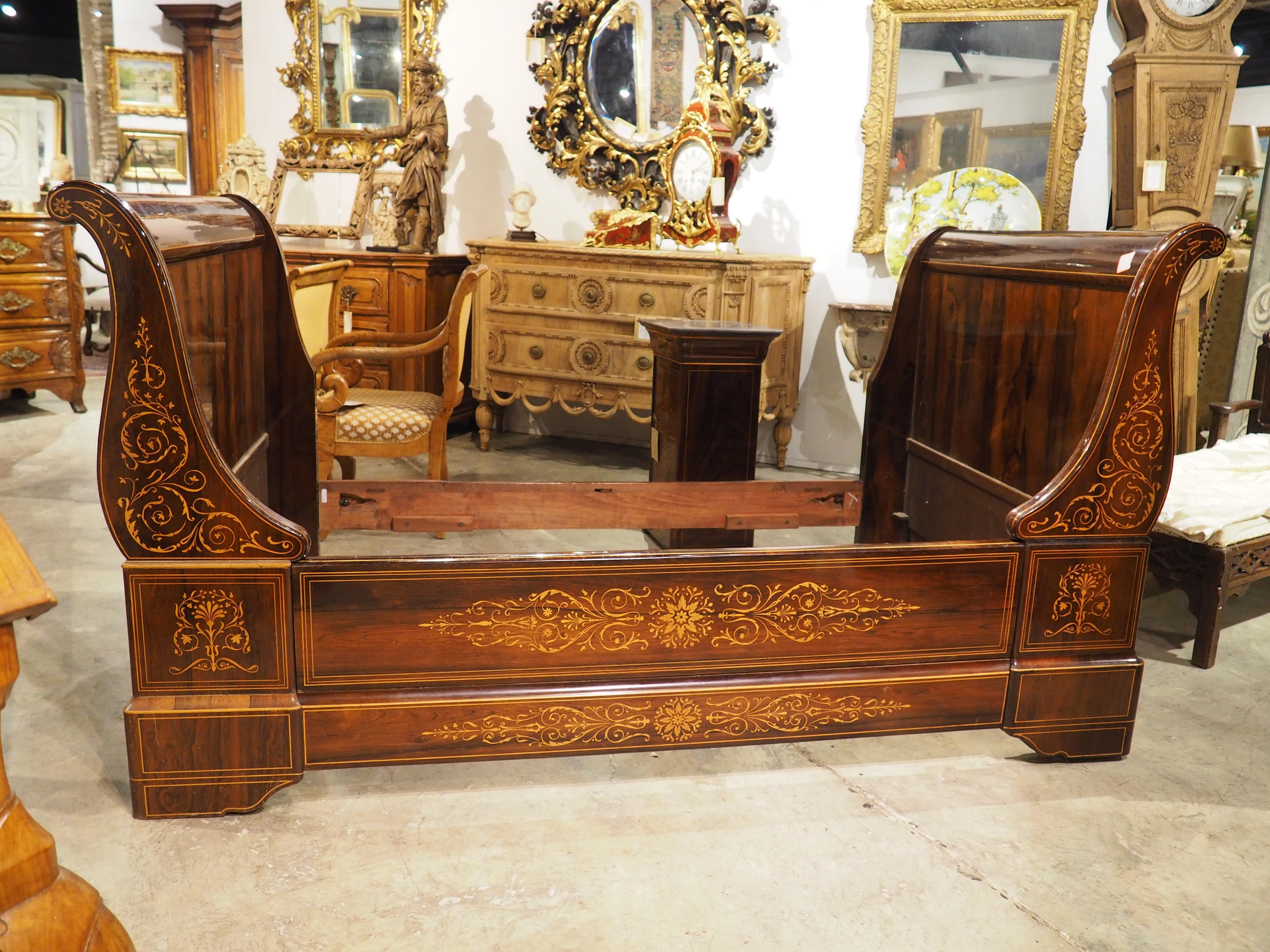 Restauration Circa 1820 French Sleigh Bed and Chevet Side Table with Sycamore Inlay For Sale
