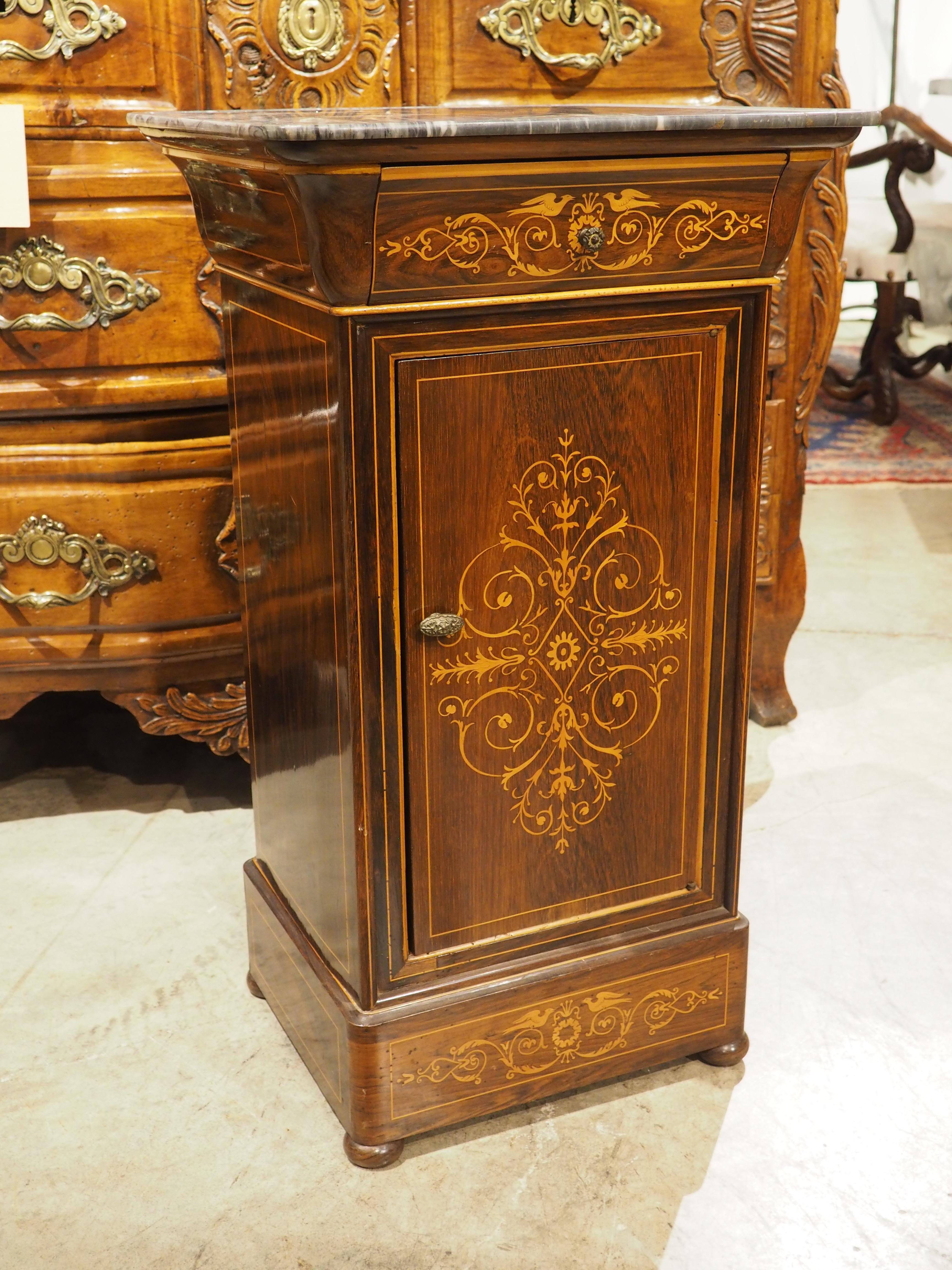 Stone Circa 1820 French Sleigh Bed and Chevet Side Table with Sycamore Inlay For Sale