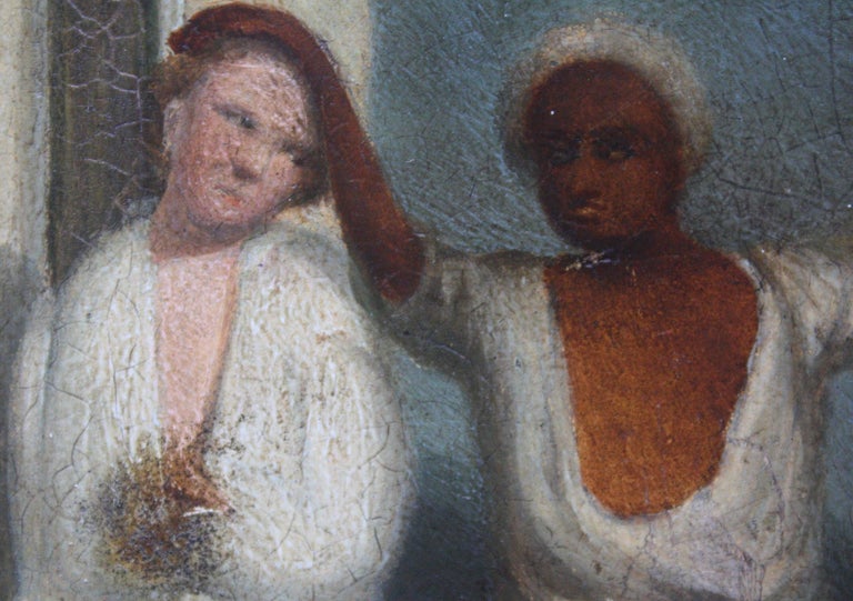 Oil on Board of a Mauritius Slave and His Family Folk Art, circa 1820