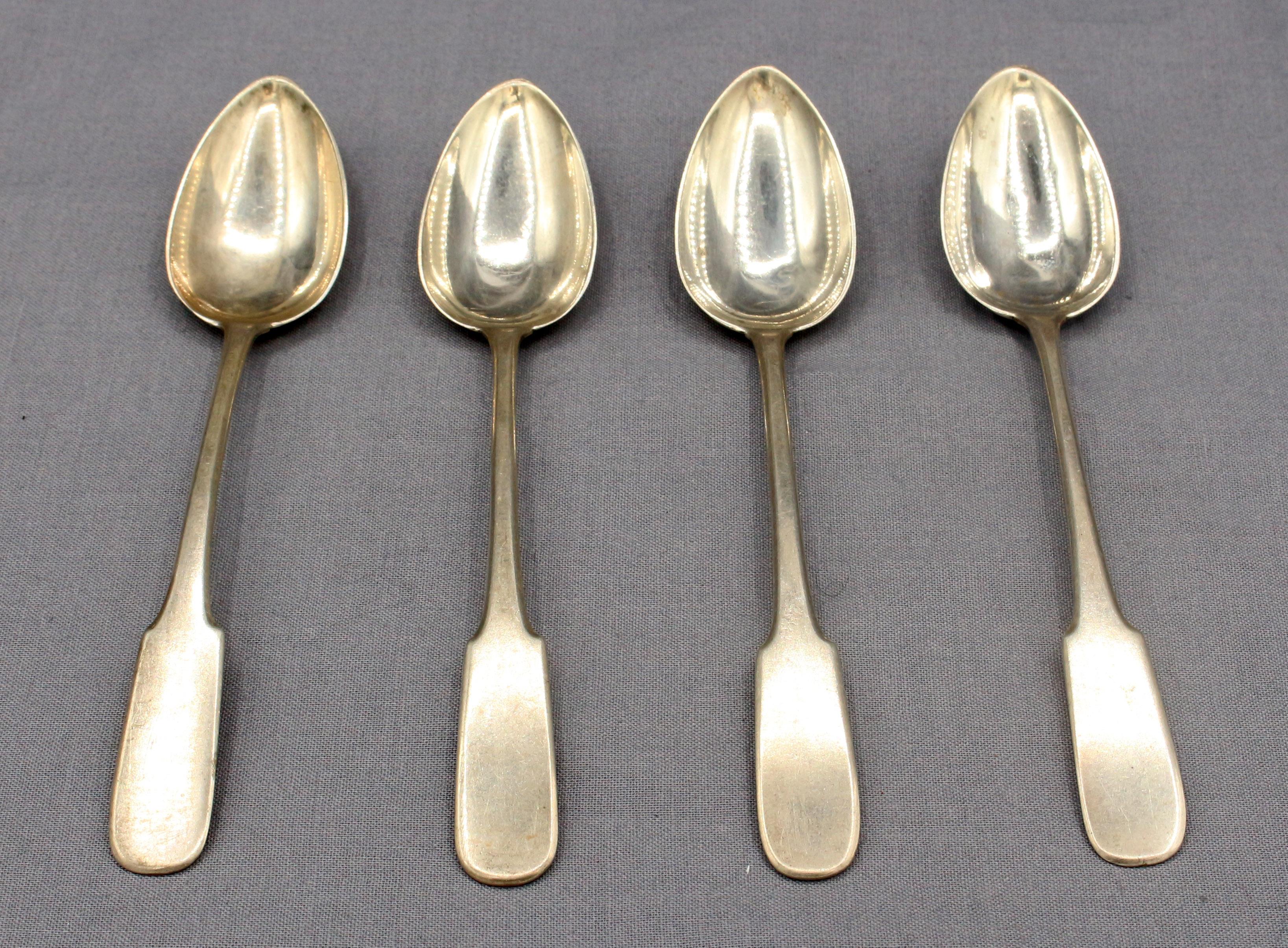 A c.1820 set of 4 teaspoons, Scottish provincial from Perth, made by Rob & Rob Keay (1st entered c.1780 as a mark). RK & RK with Perth hallmark only. Fiddle pattern. Never engraved. 1.70 troy oz. Soft patina.
5 1/2