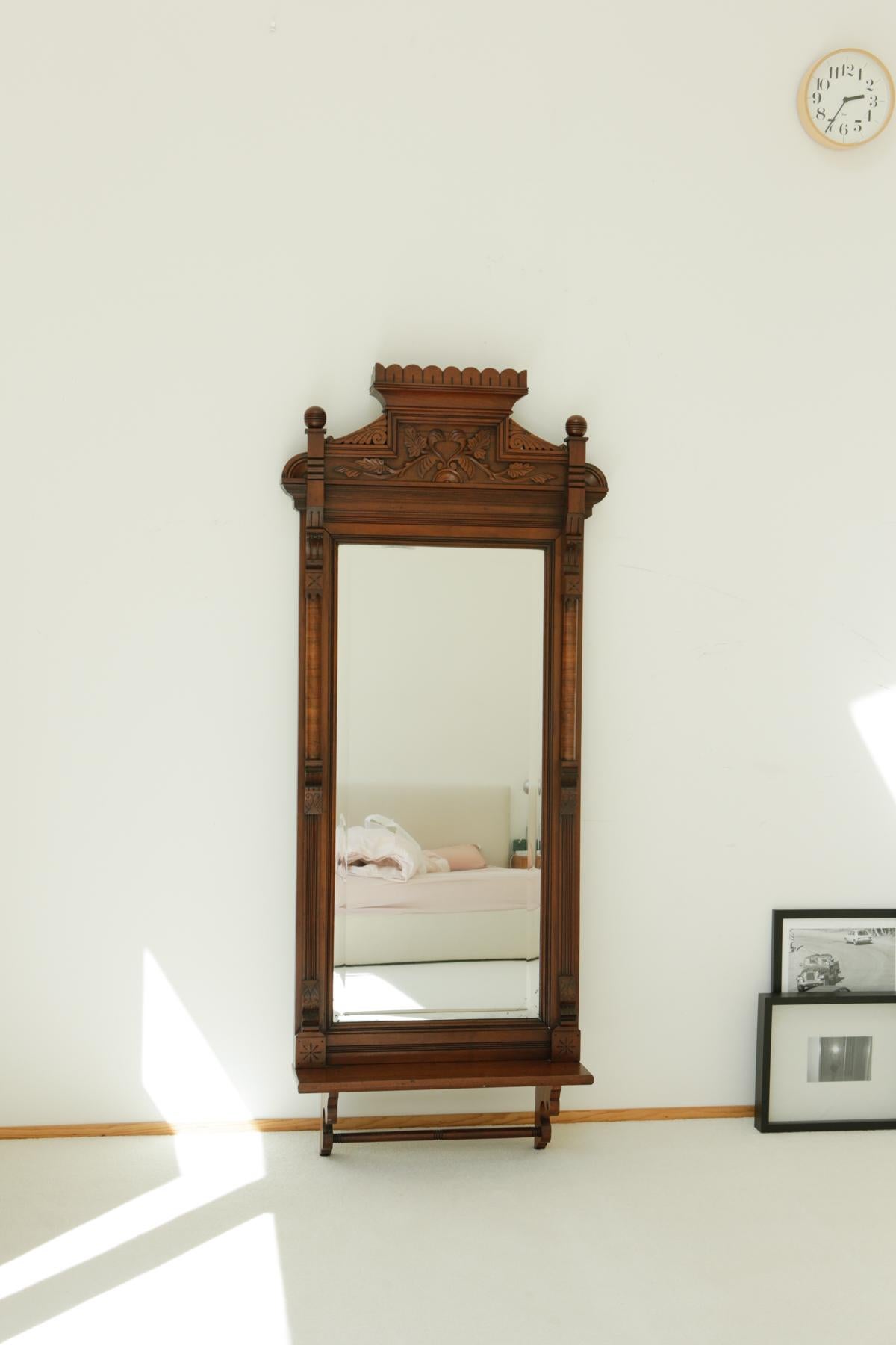 Circa 1820s Carved Solid Mahogany Wall Mirror with Shelf 5