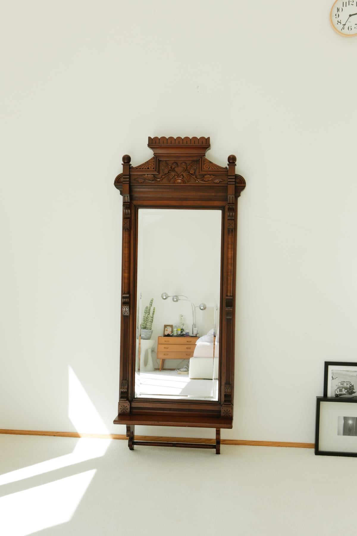 Circa 1820s Carved Solid Mahogany Wall Mirror with Shelf 6