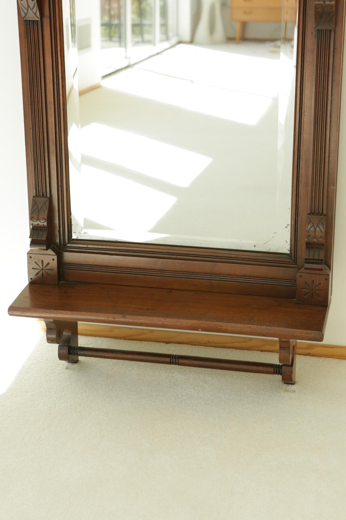 Circa 1820s Carved Solid Mahogany Wall Mirror with Shelf In Excellent Condition In Armonk, NY