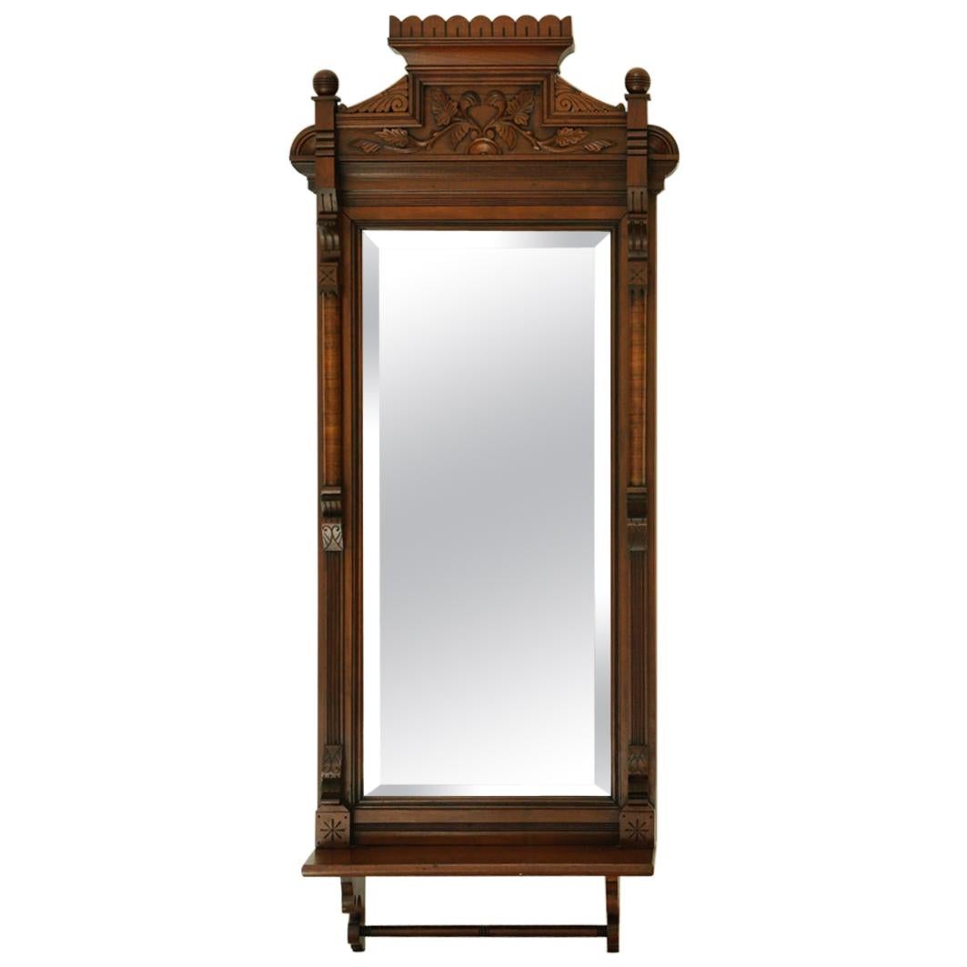 Circa 1820s Carved Solid Mahogany Wall Mirror with Shelf