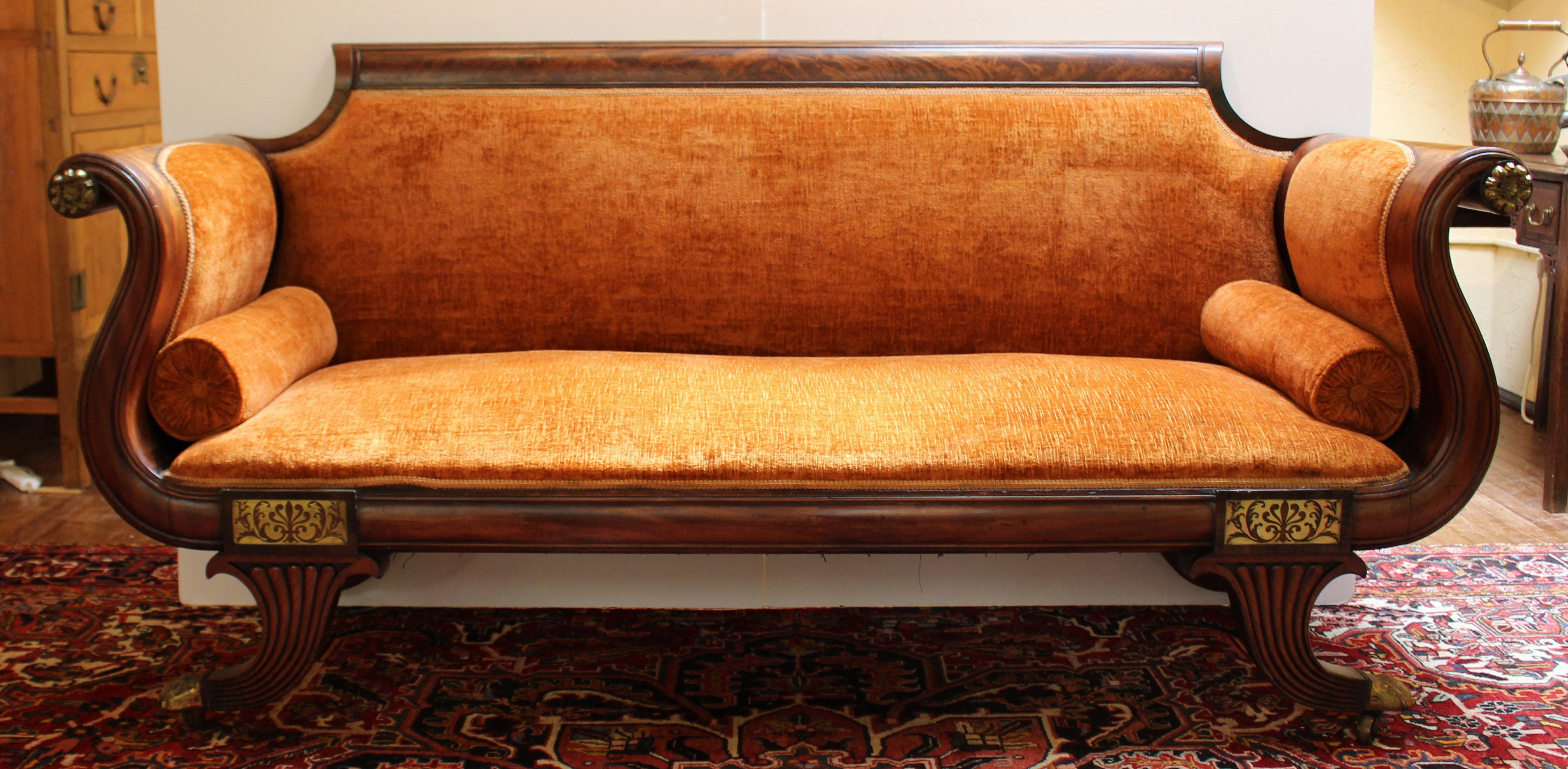 Classical sofa, c.1820, Boston, mahogany & mahogany veneers with very rare die-cut 