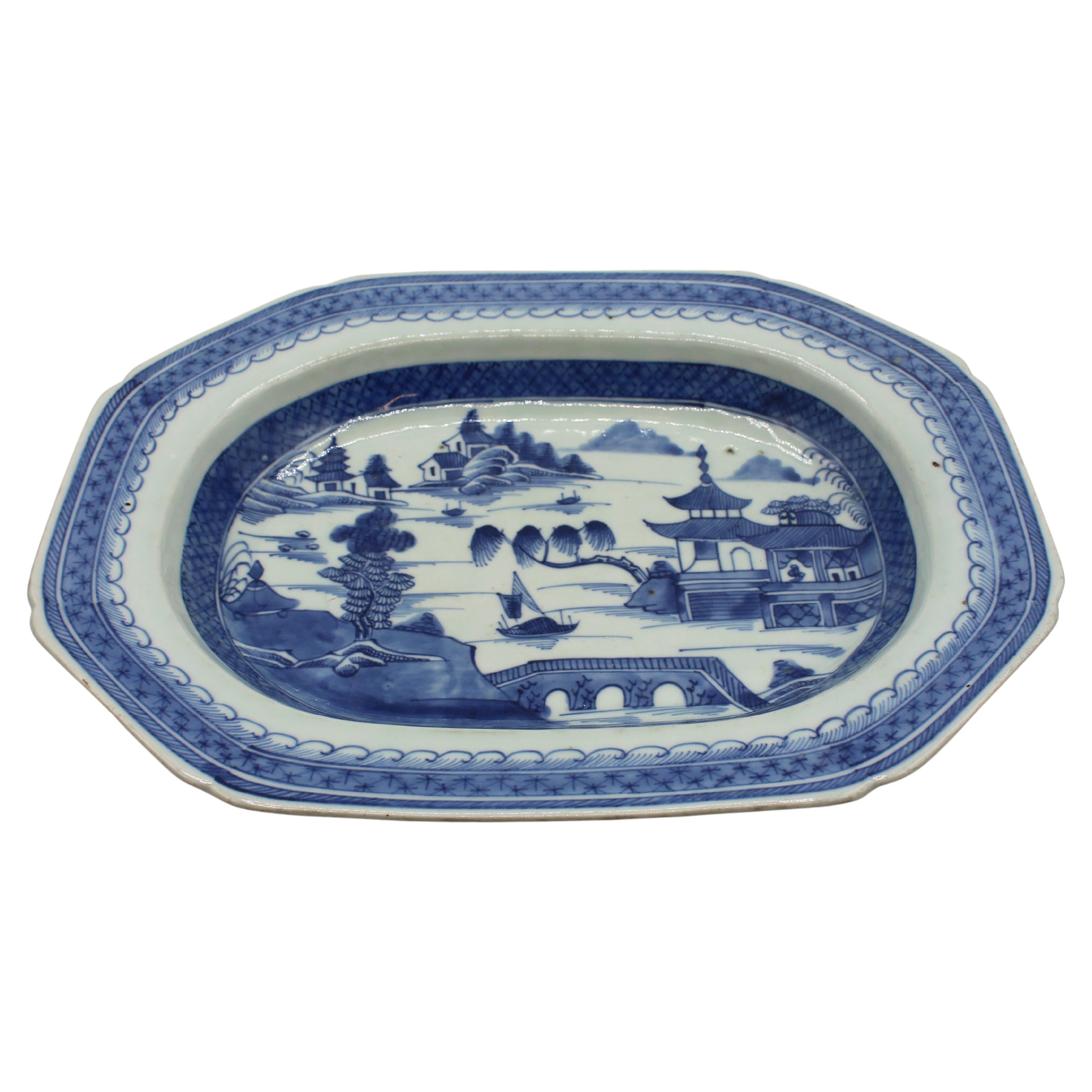 Circa 1830-60 Chinese Export Blue Canton Serving Dish For Sale