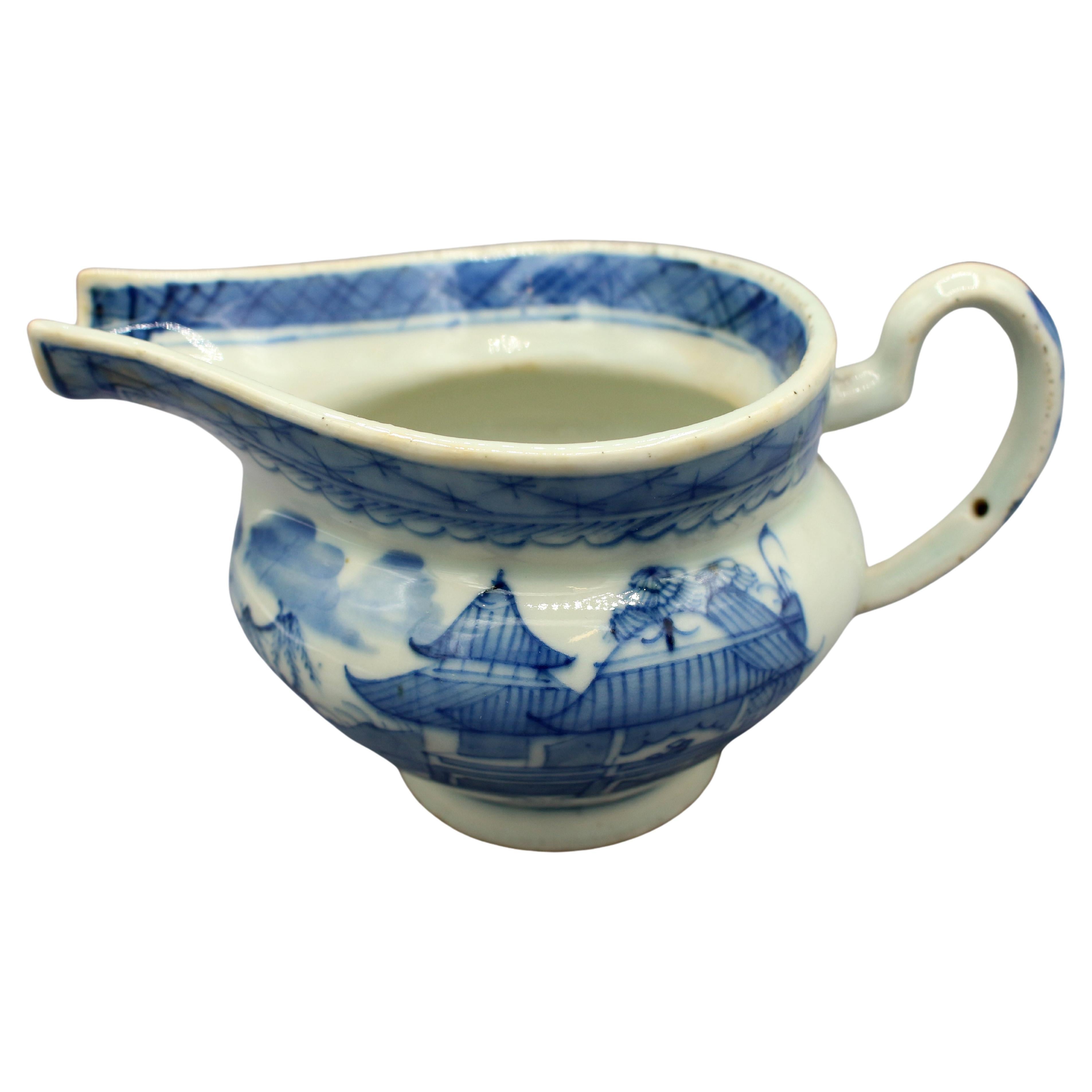 Circa 1830 Chinese Export Porcelain Blue Canton Gravy Boat For Sale