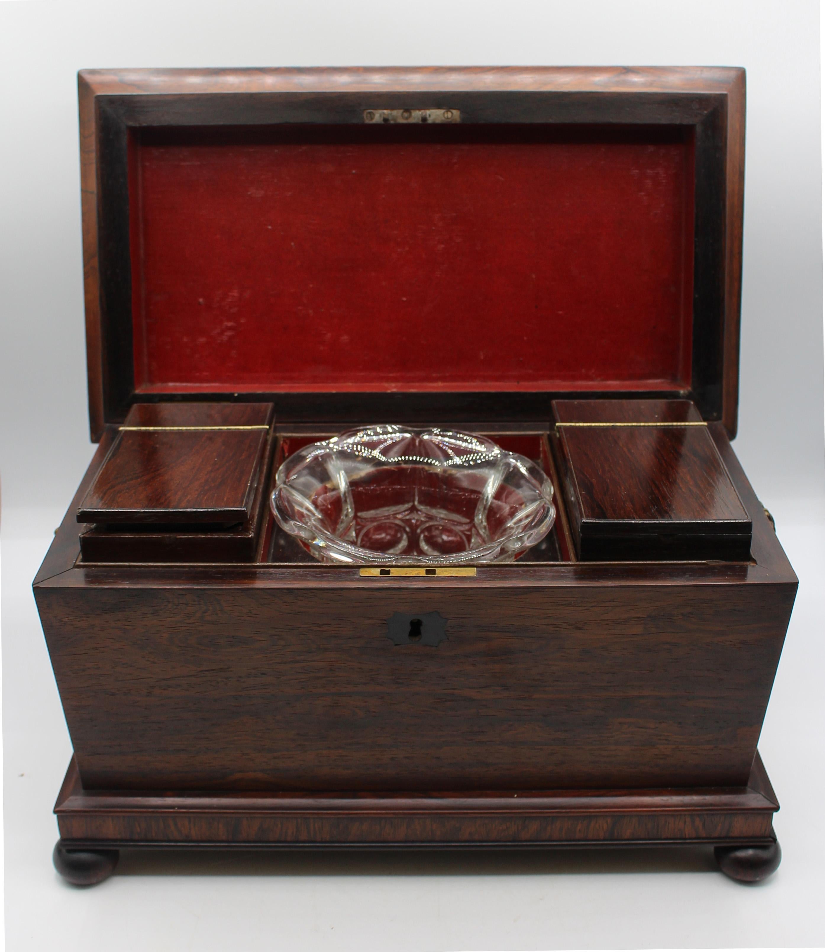 Circa 1830 George IV-William IV tea caddy box, English. Rosewood with original rosewood green & black tea canisters & associated glass sugar well. Minor repairs to 2 edges. Lion mask ring handles. Outset base supports the sarcophagus form on