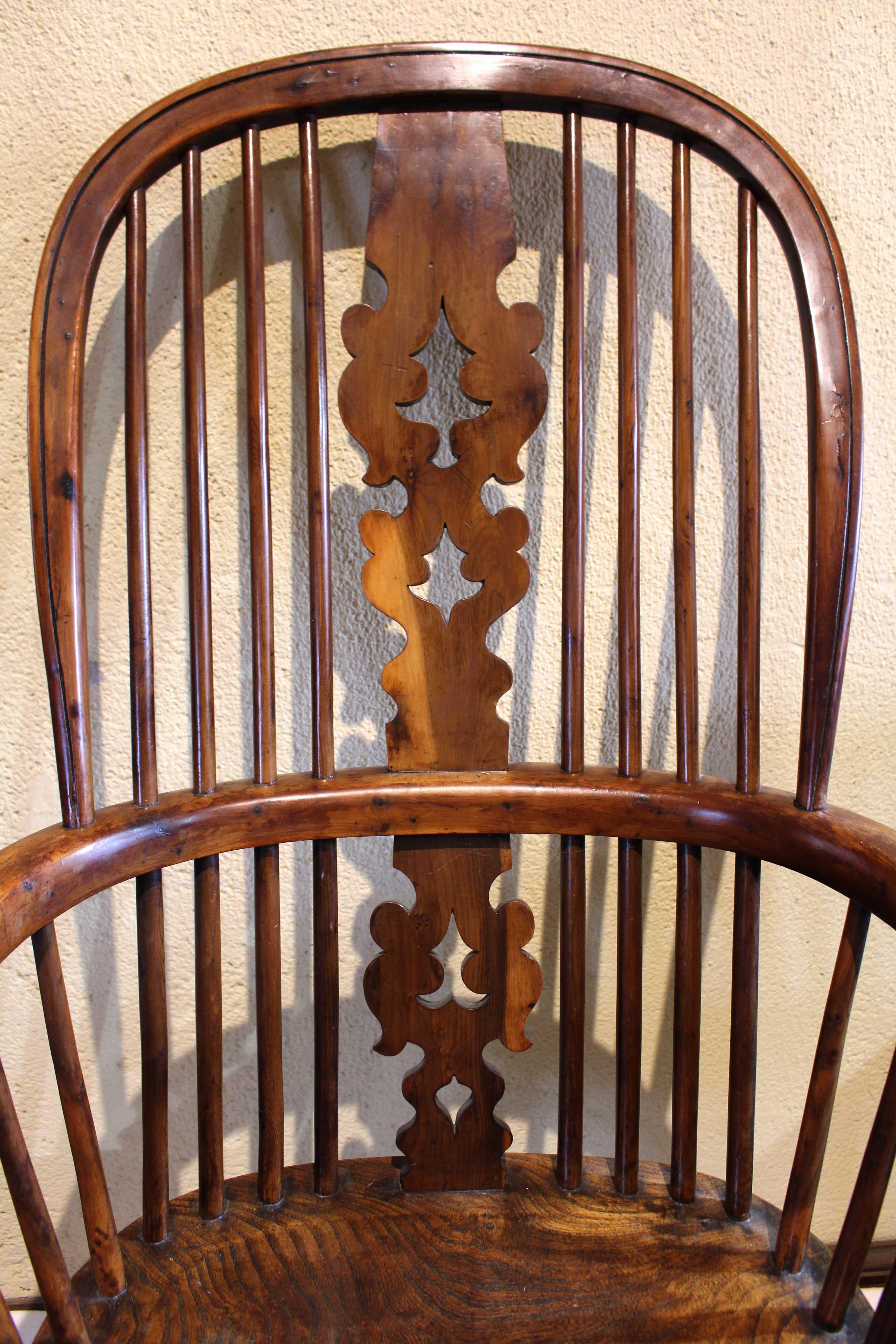 19th Century Circa 1830 English High Back Windsor Arm Chair, Yew Wood For Sale