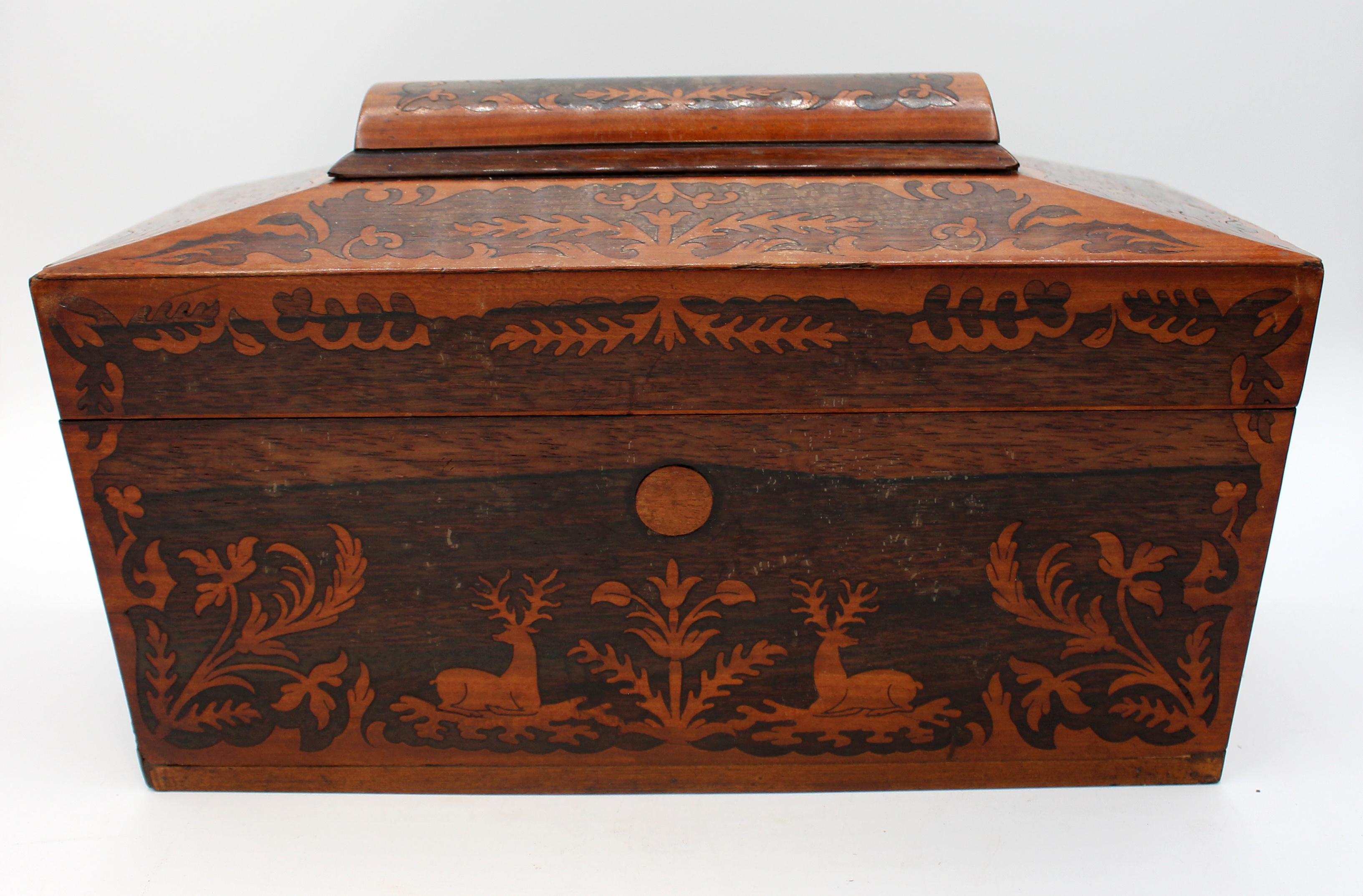 English circa 1830 stag & naturalistic inlaid box. The front & top extensively inlaid, featuring a pair of stags among foliage. Sarcophagus form. Once fitted as a tea caddy. Satinwood & rosewood. Some veneer losses restored at bottom back & side.