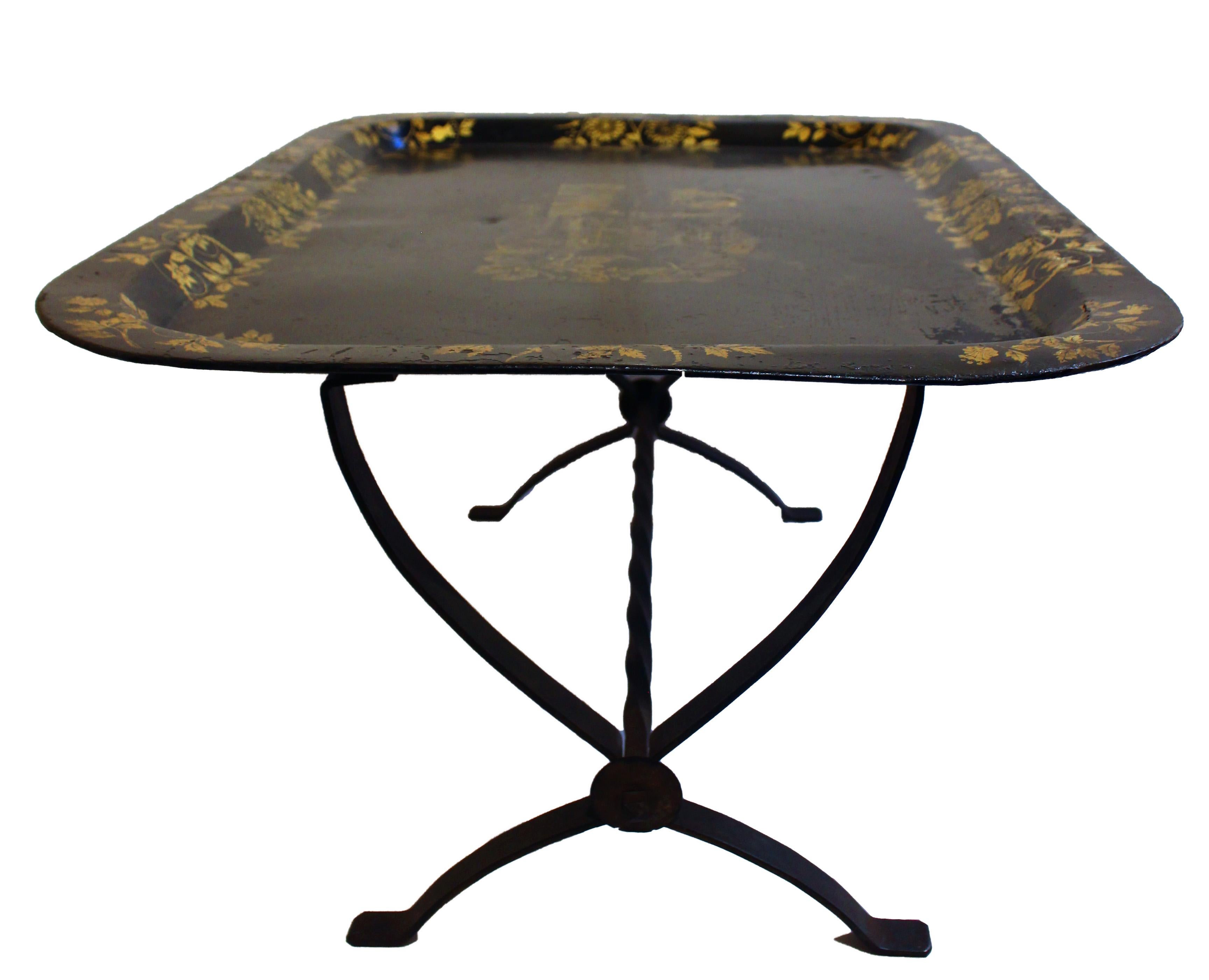 Chinoiserie Circa 1830 English Tole Tray on Steel Stand