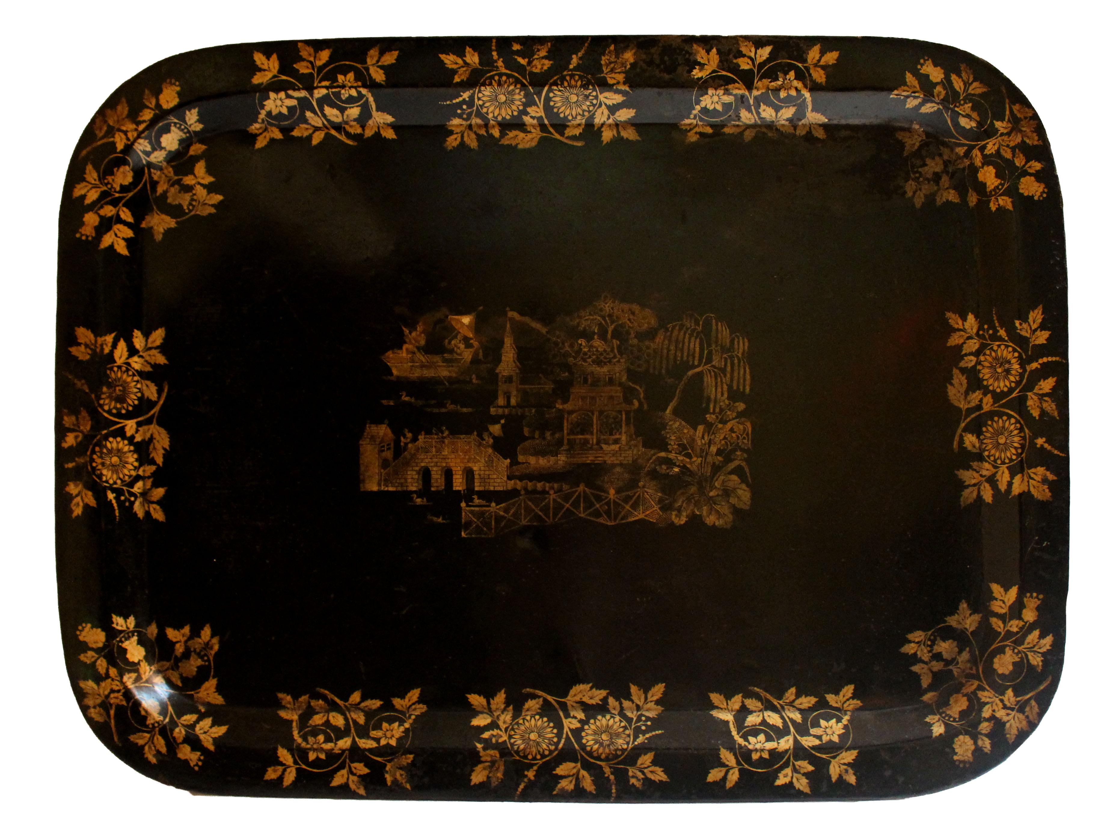Circa 1830 English Tole Tray on Steel Stand In Good Condition In Chapel Hill, NC