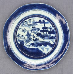 Circa 1830 Pair of Blue Canton Porcelain Salad Plates, Chinese Export