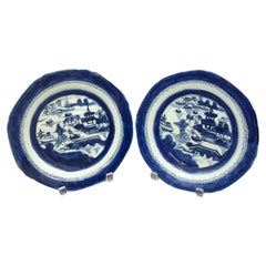 Antique Circa 1830 Pair of Blue Canton Porcelain Salad Plates, Chinese Export