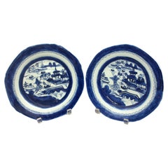 Circa 1830 Pair of Blue Canton Porcelain Salad Plates, Chinese Export