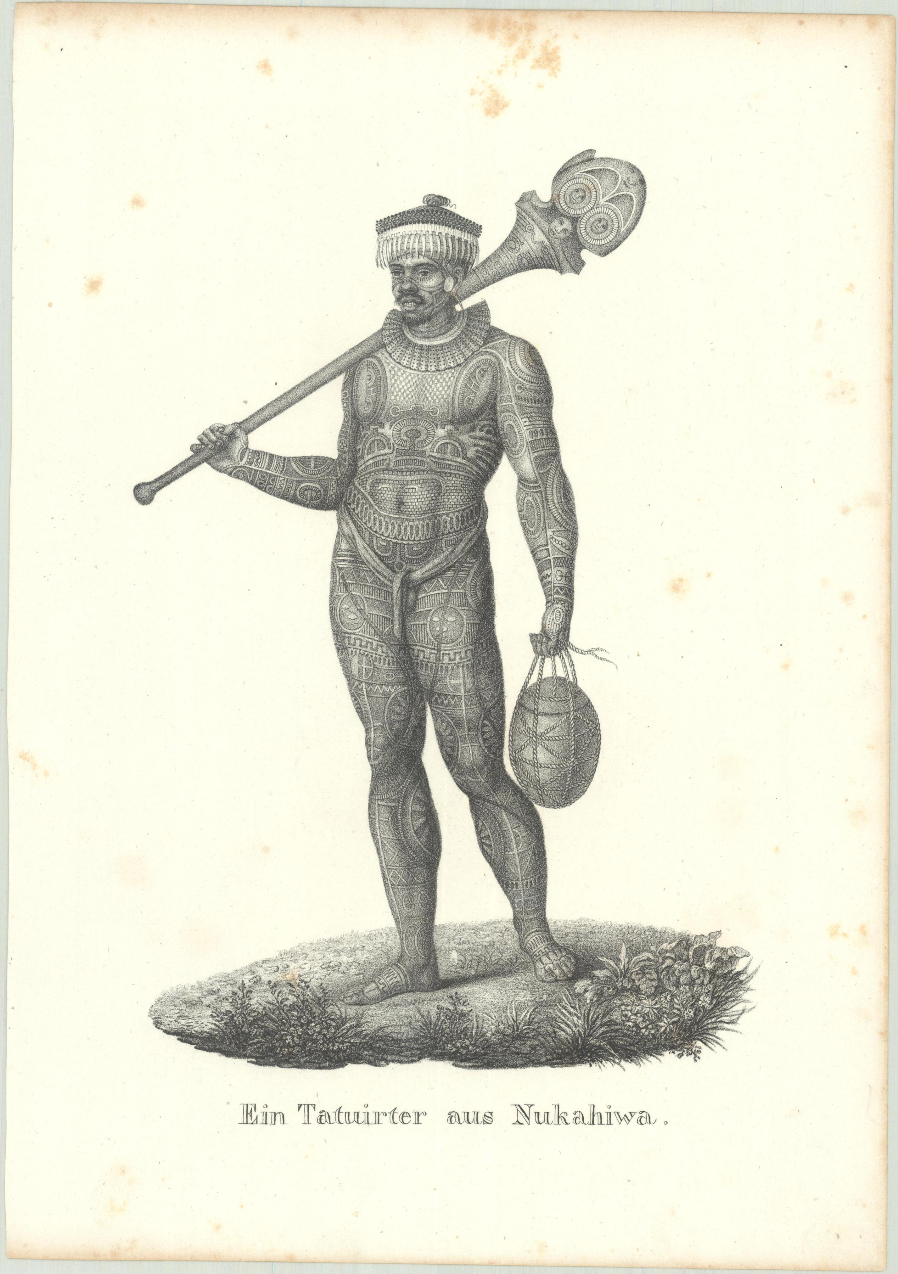 Circa 1830 Schinz Prints: Tattooed Men of Nuku Hiva, Marquesas Islands

This set of two black-and-white lithographs from circa 1830 by Heinrich Rudolf Schinz depicts tattooed men from Nuku Hiva in the Marquesas Islands, French Polynesia. 

Schinz, a
