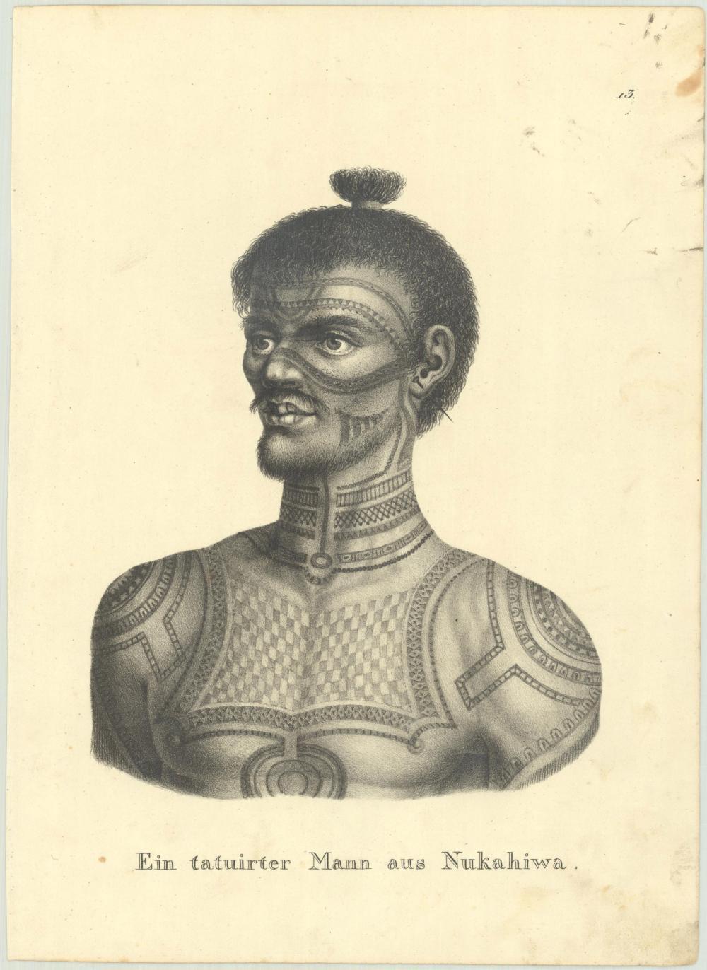 Circa 1830 Schinz Prints: Tattooed Men of Nuku Hiva, Marquesas Islands In Good Condition For Sale In Langweer, NL