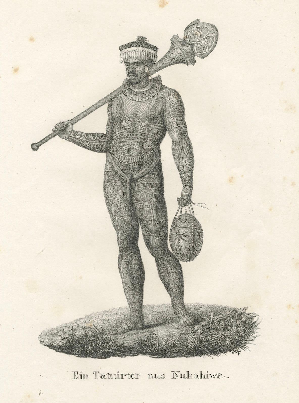 Mid-19th Century Circa 1830 Schinz Prints: Tattooed Men of Nuku Hiva, Marquesas Islands For Sale