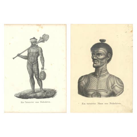 Circa 1830 Schinz Prints: Tattooed Men of Nuku Hiva, Marquesas Islands