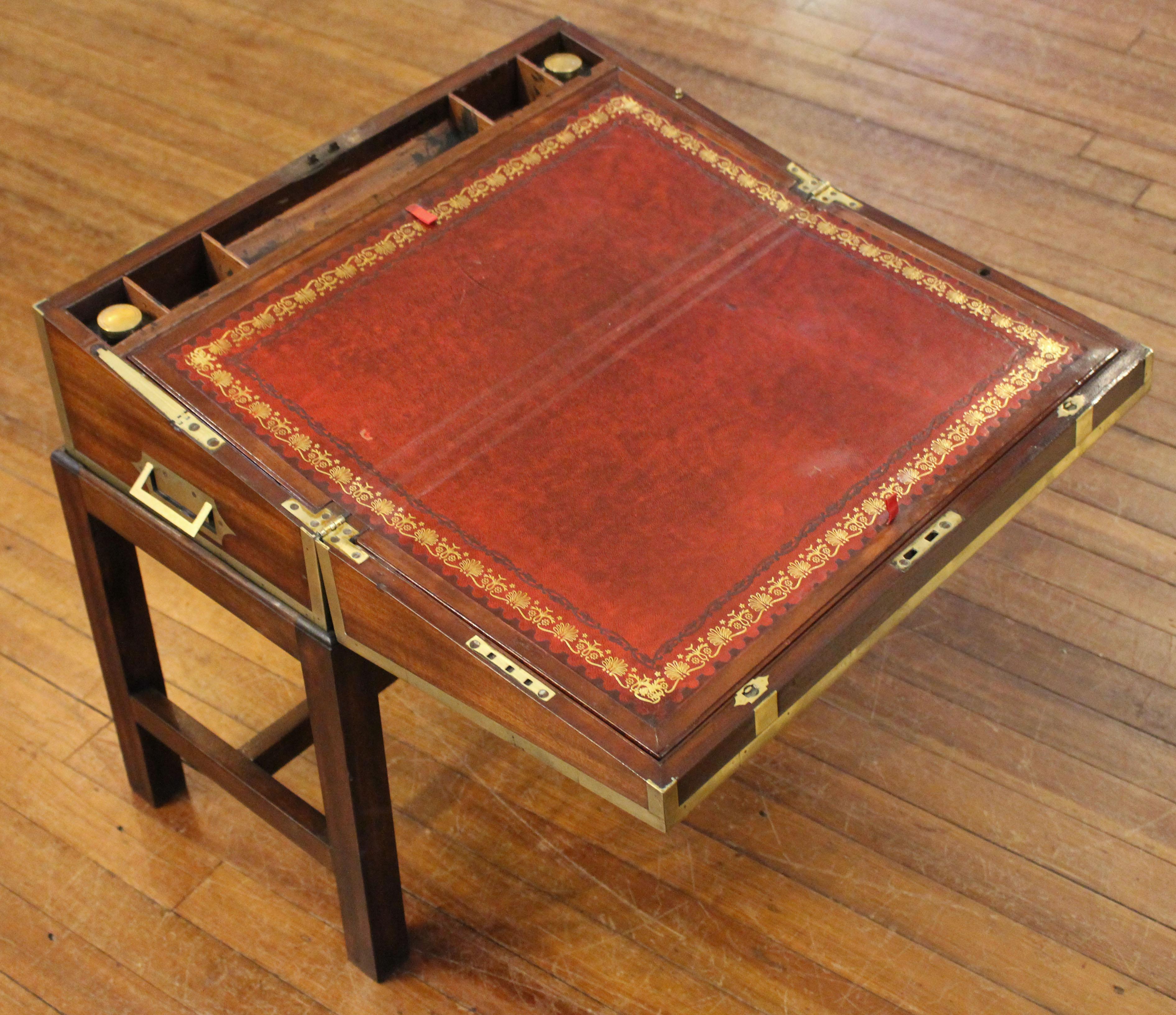 English Circa 1830, Walnut Brass Bound Lap Desk with Custom Stand