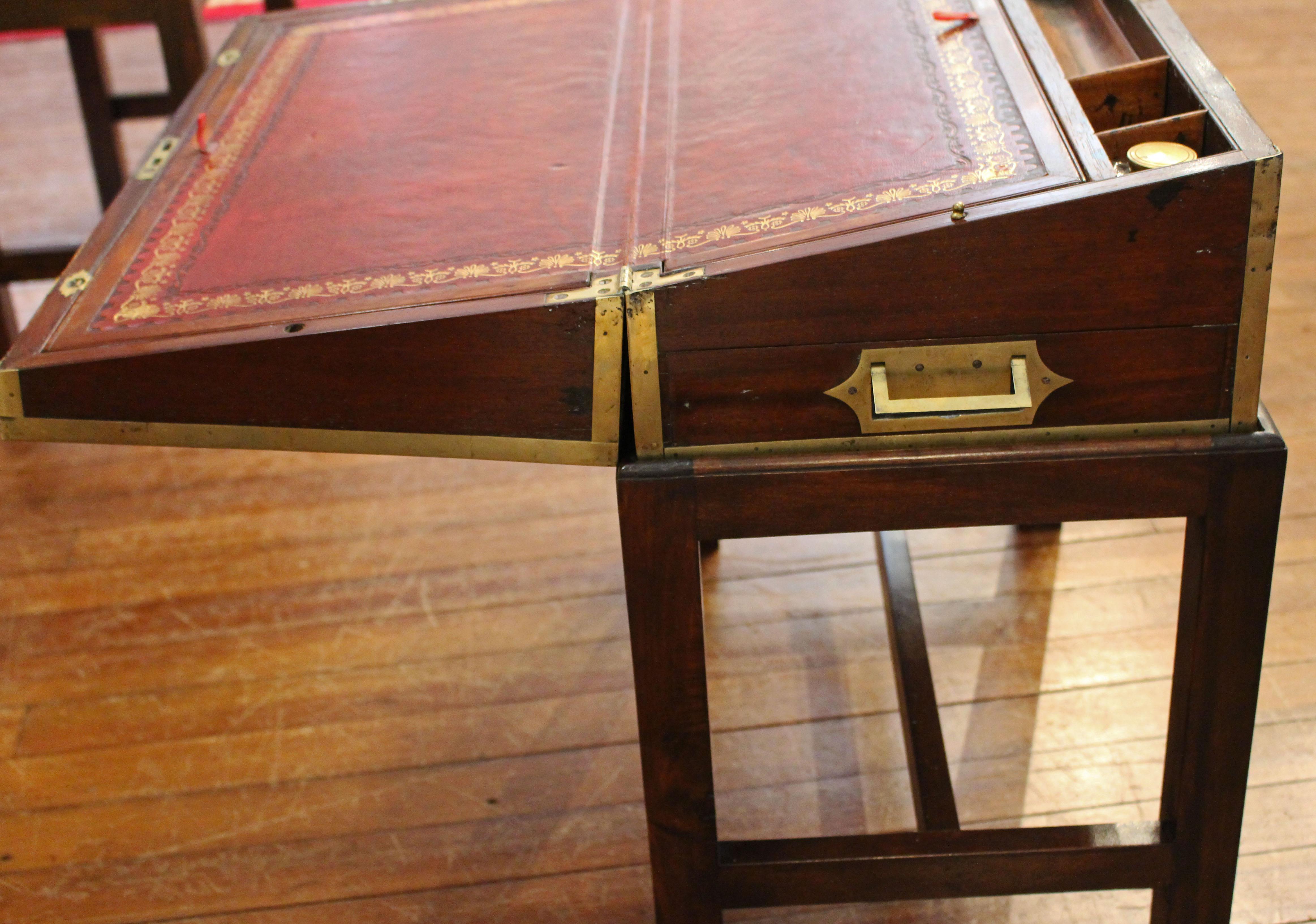 Circa 1830, Walnut Brass Bound Lap Desk with Custom Stand In Good Condition In Chapel Hill, NC