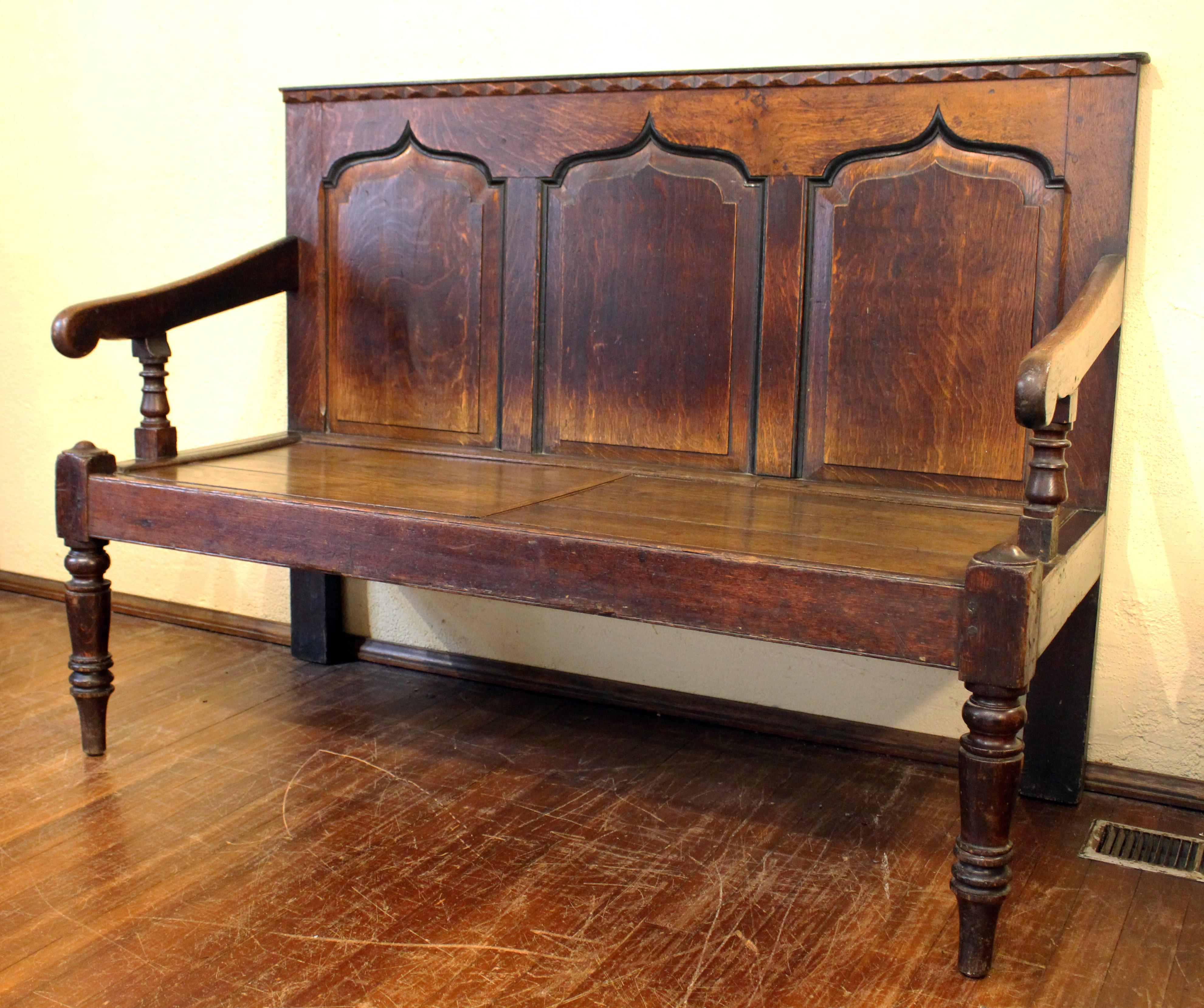 Carved circa 1830s English Gothic Influence Settle Bench