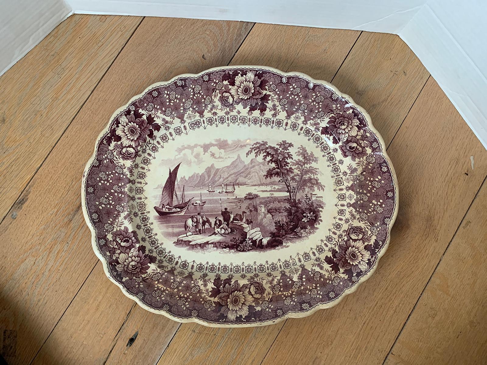 Early 19th century circa 1830s English Staffordshire purple and white transferware porcelain charger or meat platter in 