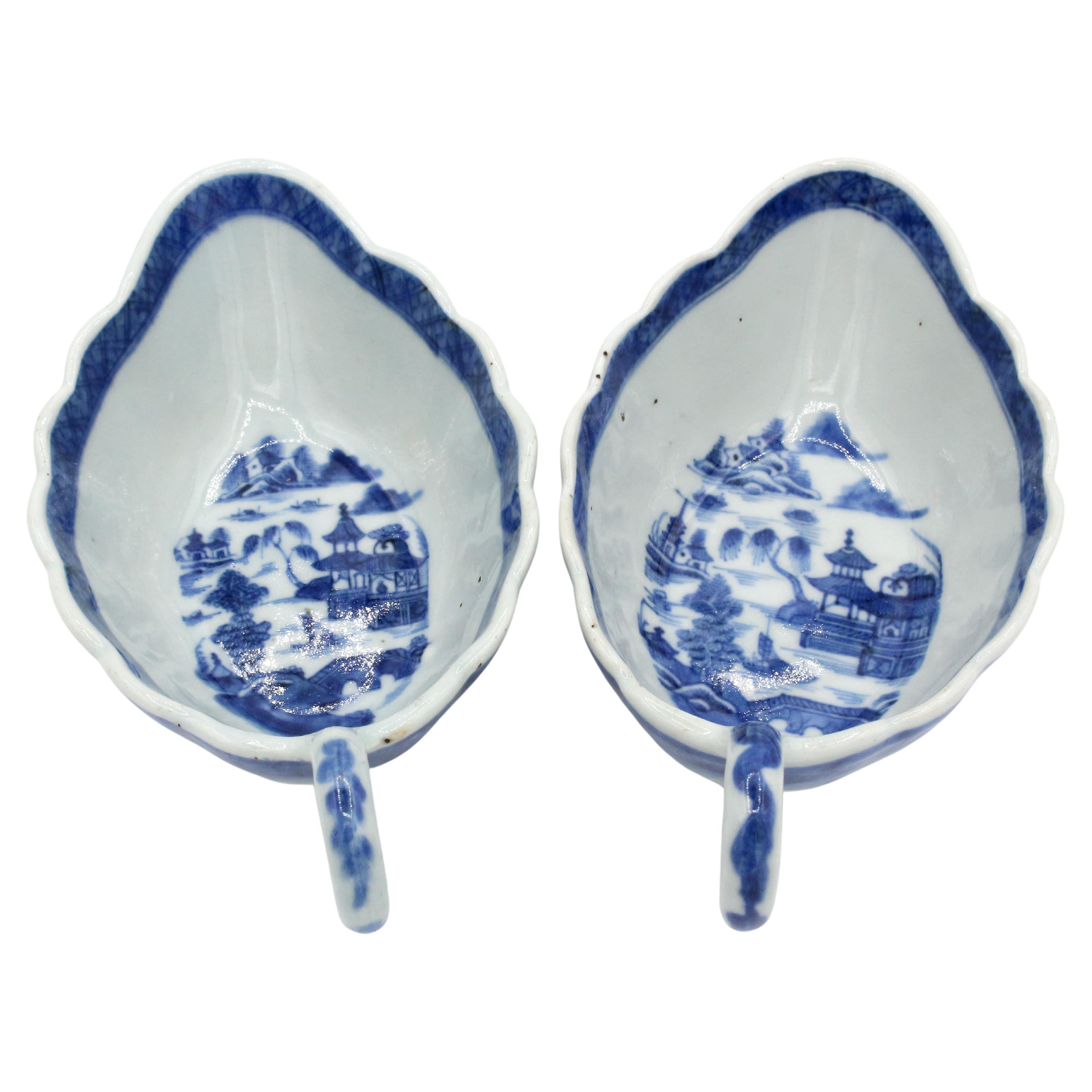Circa 1830s Pair of Chinese Blue Canton Sauce Boats For Sale