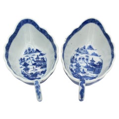 Antique Circa 1830s Pair of Chinese Blue Canton Sauce Boats