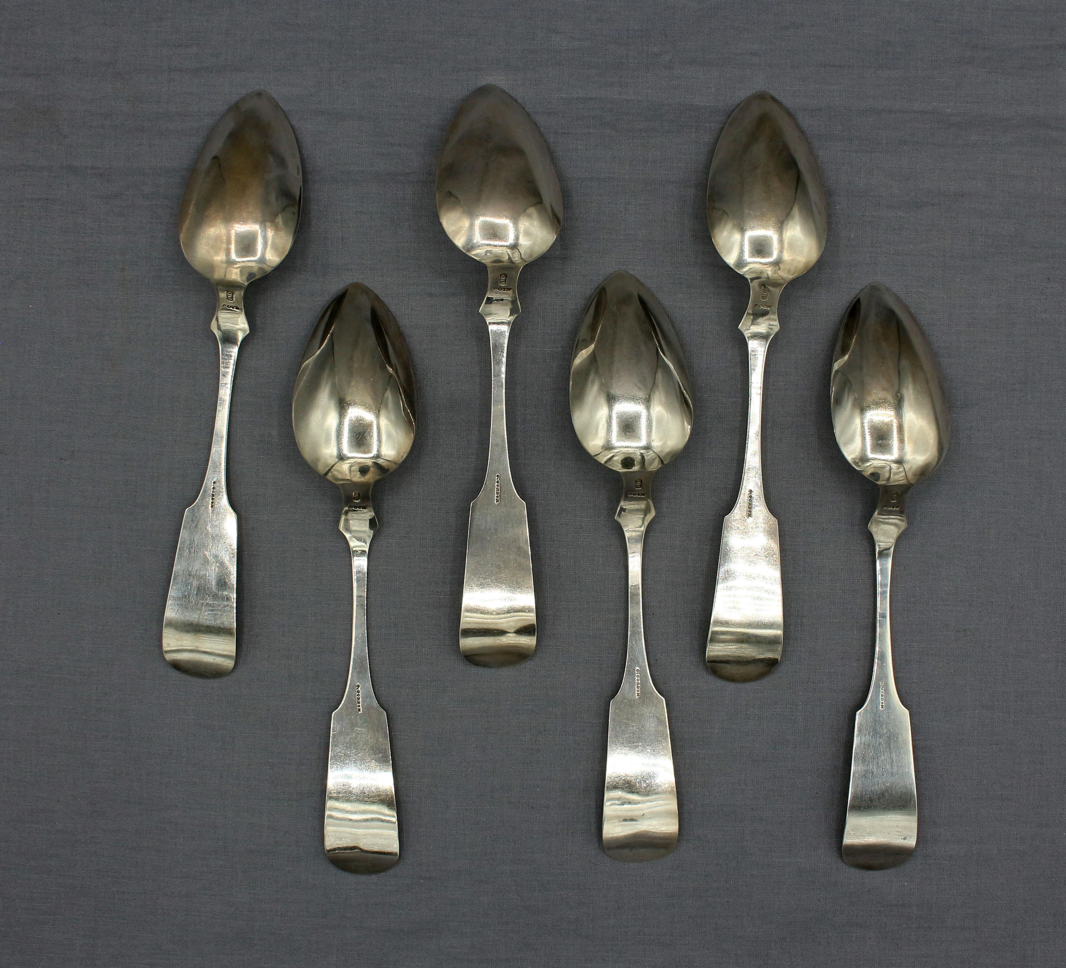 Circa 1835-50 set of 6 large coin silver serving spoons by James Watts, Philadelphia, PA. Handsome with upturned fiddleback. Retailed by G. Gordon. Horse & chevron mark, 