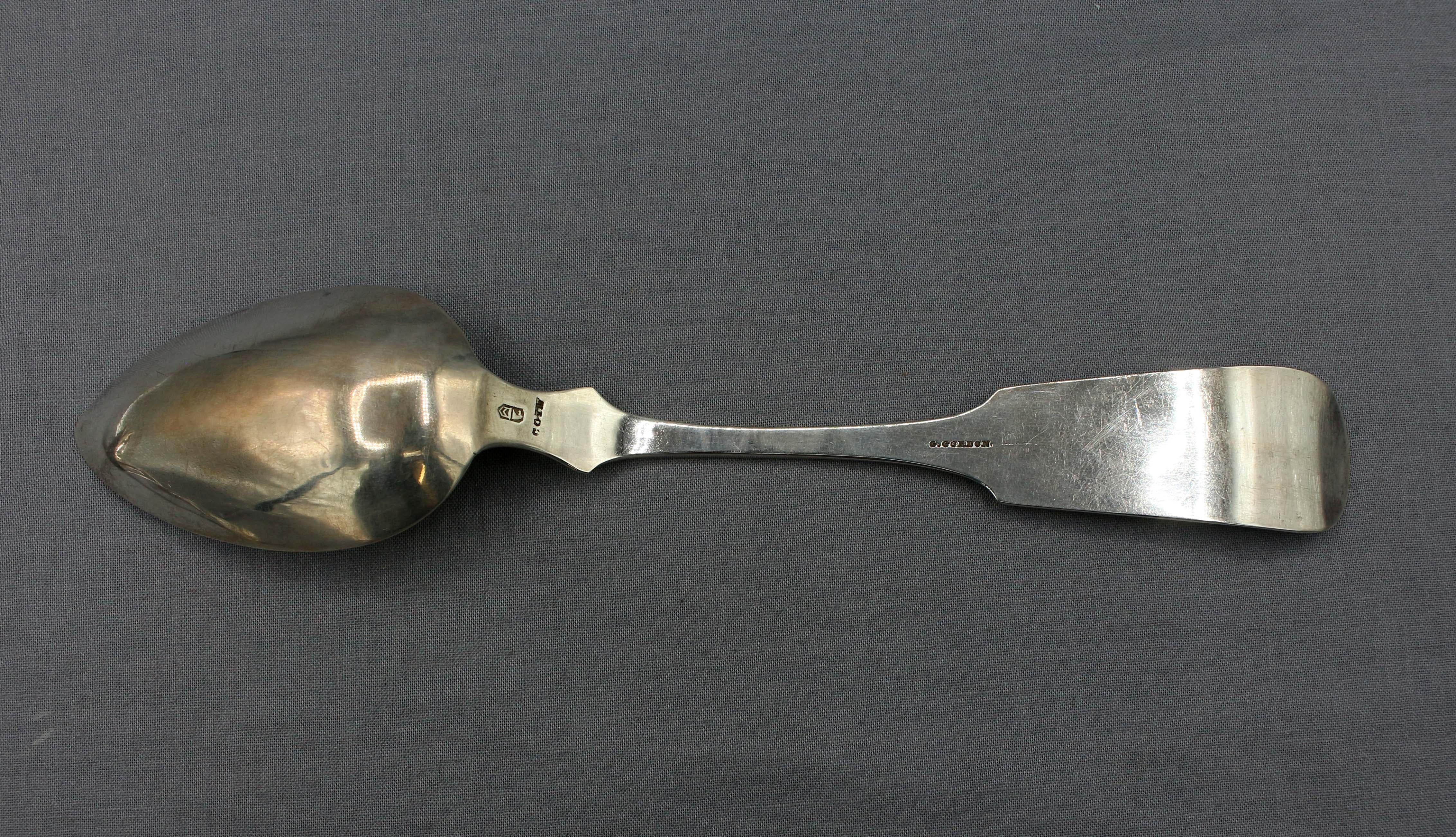 Circa 1835-50 Set of 6 American Large Coin Silver Serving Spoons by James Watts In Good Condition In Chapel Hill, NC