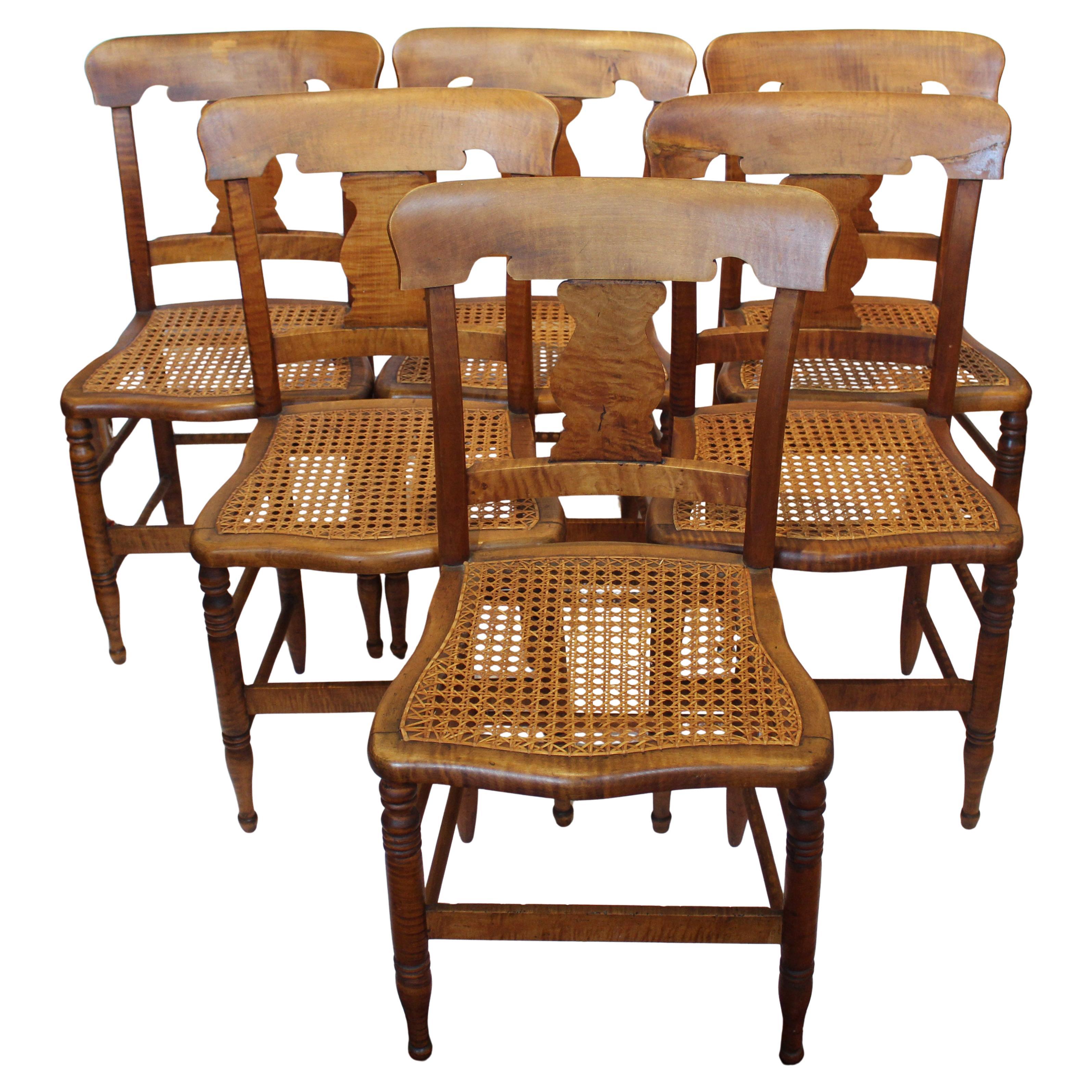Circa 1835 Set of 6 American Late Classical Period Tiger Maple Side Chairs For Sale