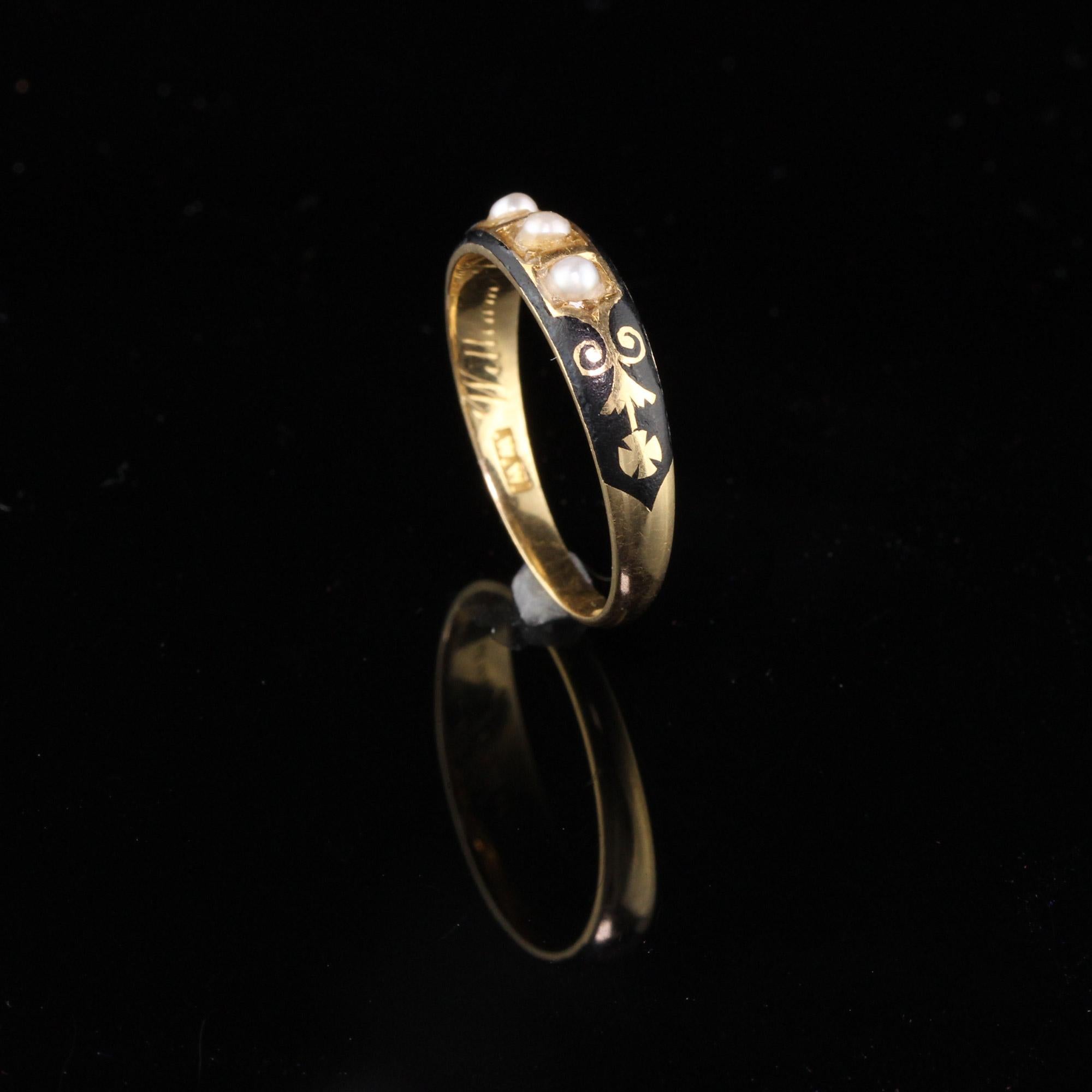 Antique Georgian 18 Karat Yellow Gold Black Enamel and Pearl Mourning Ring 1