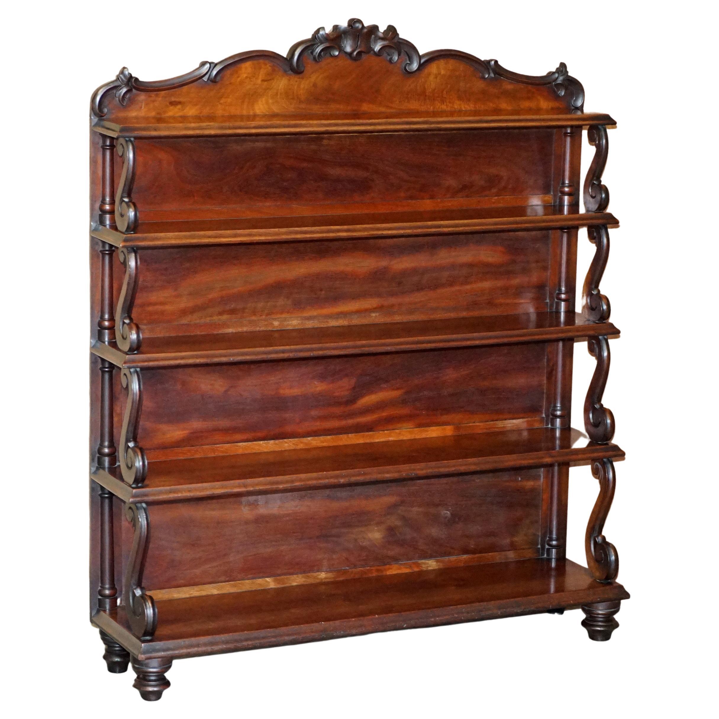 circa 1840 Antique Victorian Waterfall Open Library Bookcase in Flamed Hardwood