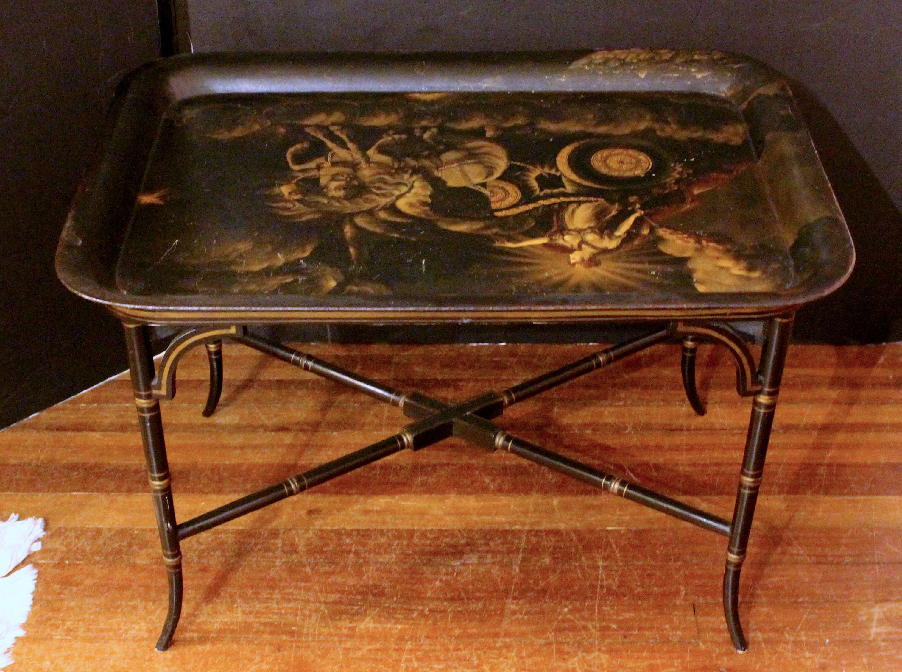 Victorian Circa 1840 Decorated Tole Tray on Custom Coffee Table Height Stand For Sale