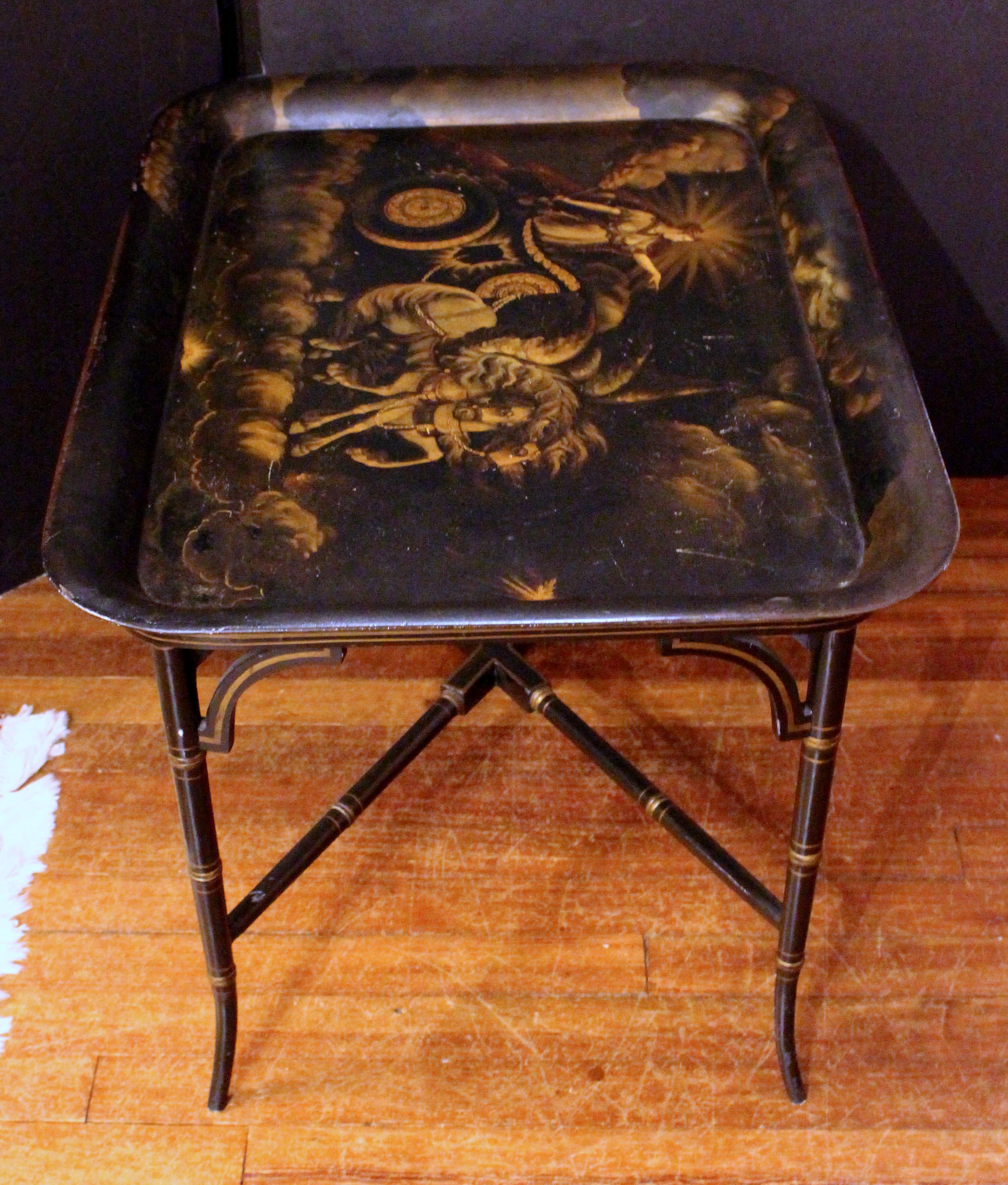 English Circa 1840 Decorated Tole Tray on Custom Coffee Table Height Stand For Sale