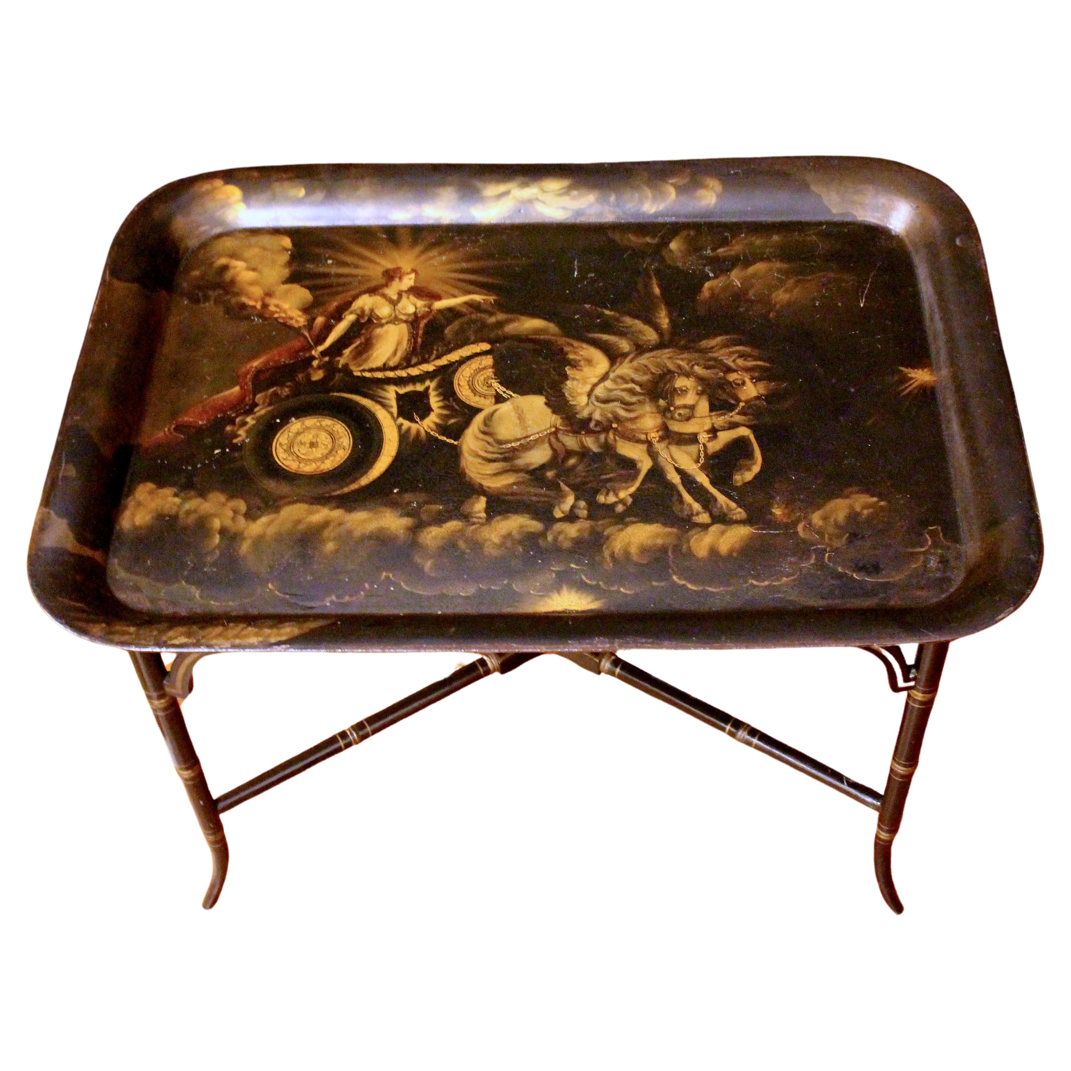 Circa 1840 Decorated Tole Tray on Custom Coffee Table Height Stand For Sale