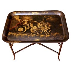 Used Circa 1840 Decorated Tole Tray on Custom Coffee Table Height Stand